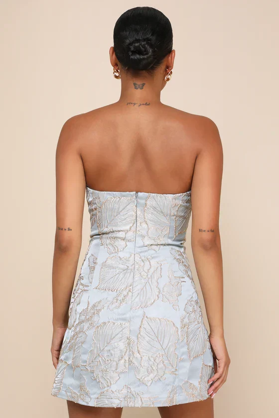 Aesthetic Pose Slate Blue And Gold Jacquard Strapless Mini Dress
