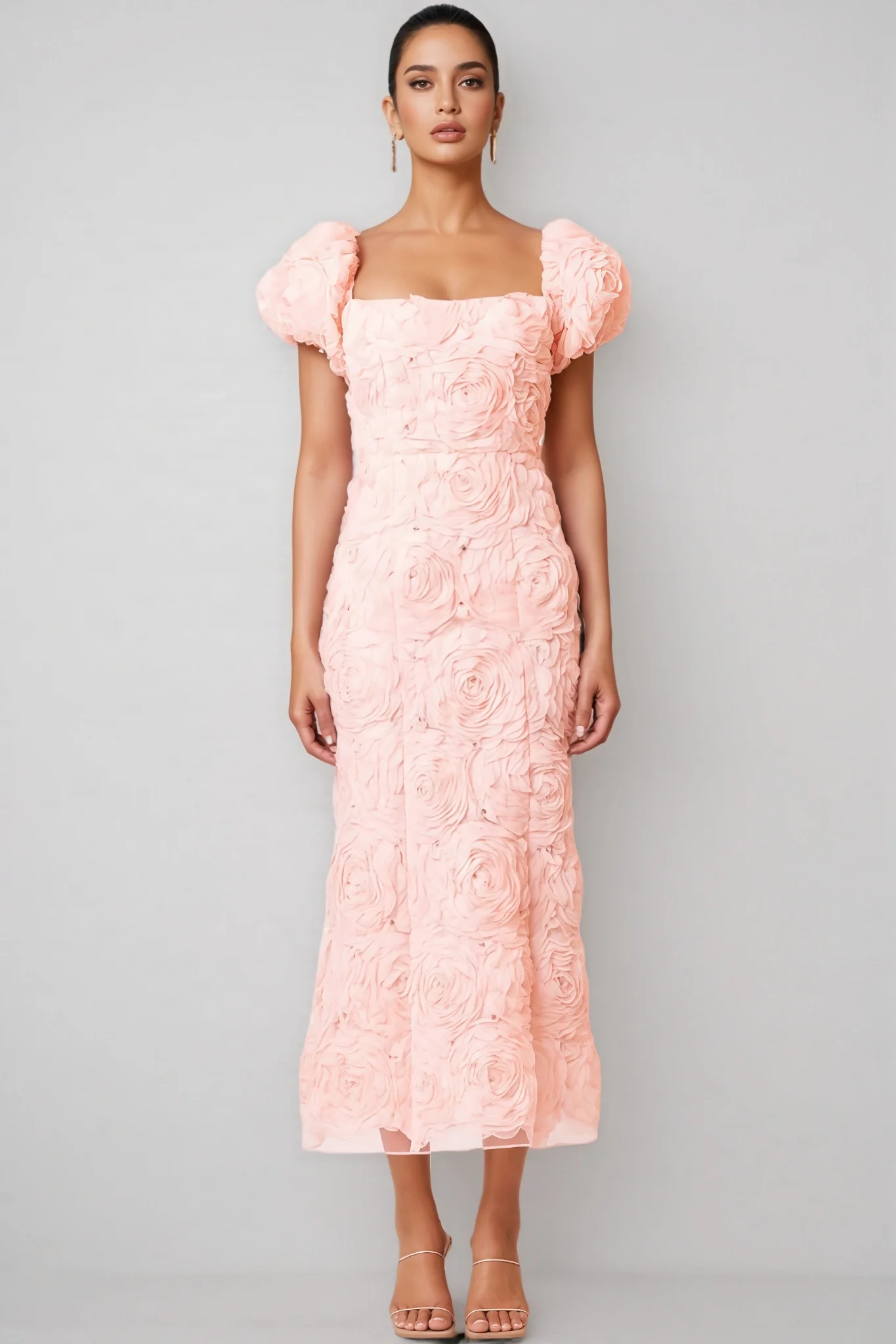 Livia Pink 3D Floral Midi Dress