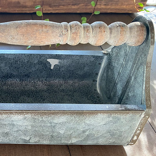 Rusted Patina Galvanized Metal Caddy with Wood Spindle Handle