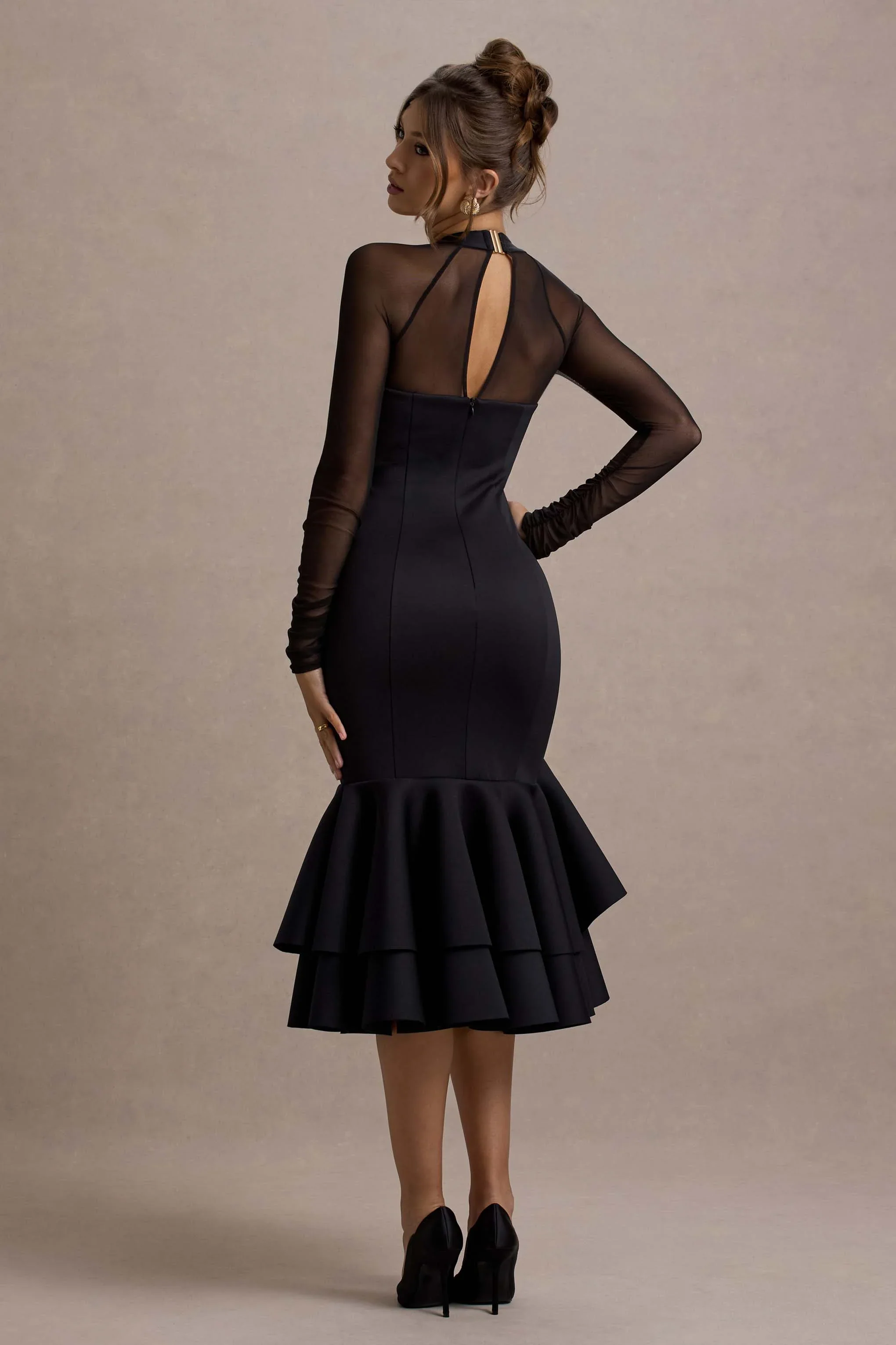 Sander | Black Mesh Long-Sleeve Ruffle-Hem Midi Dress