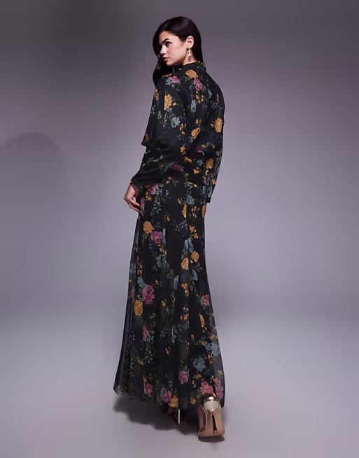chiffon shirred waist panel godet maxi dress in black floral