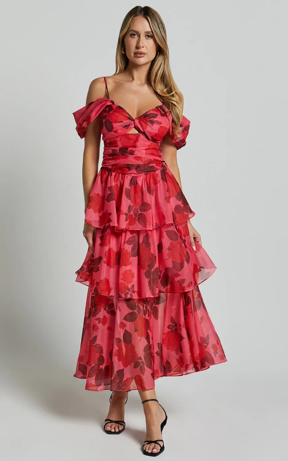 Xena Midi Dress - Off The Shoulder Cut Out Front Layered Dress in Pink Print