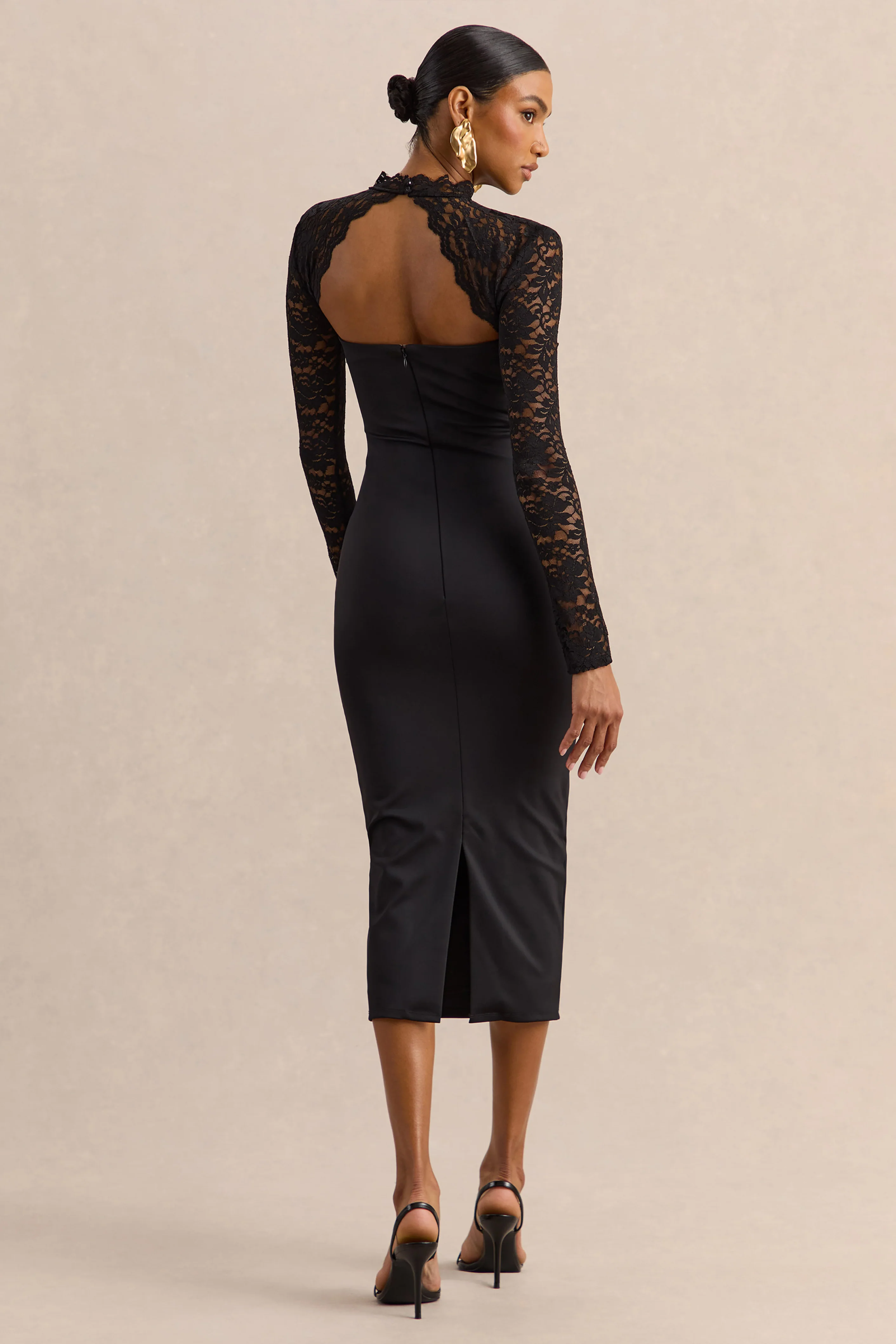 Arlune | Black High-Neck Midi Dress With Long Lace-Sleeves