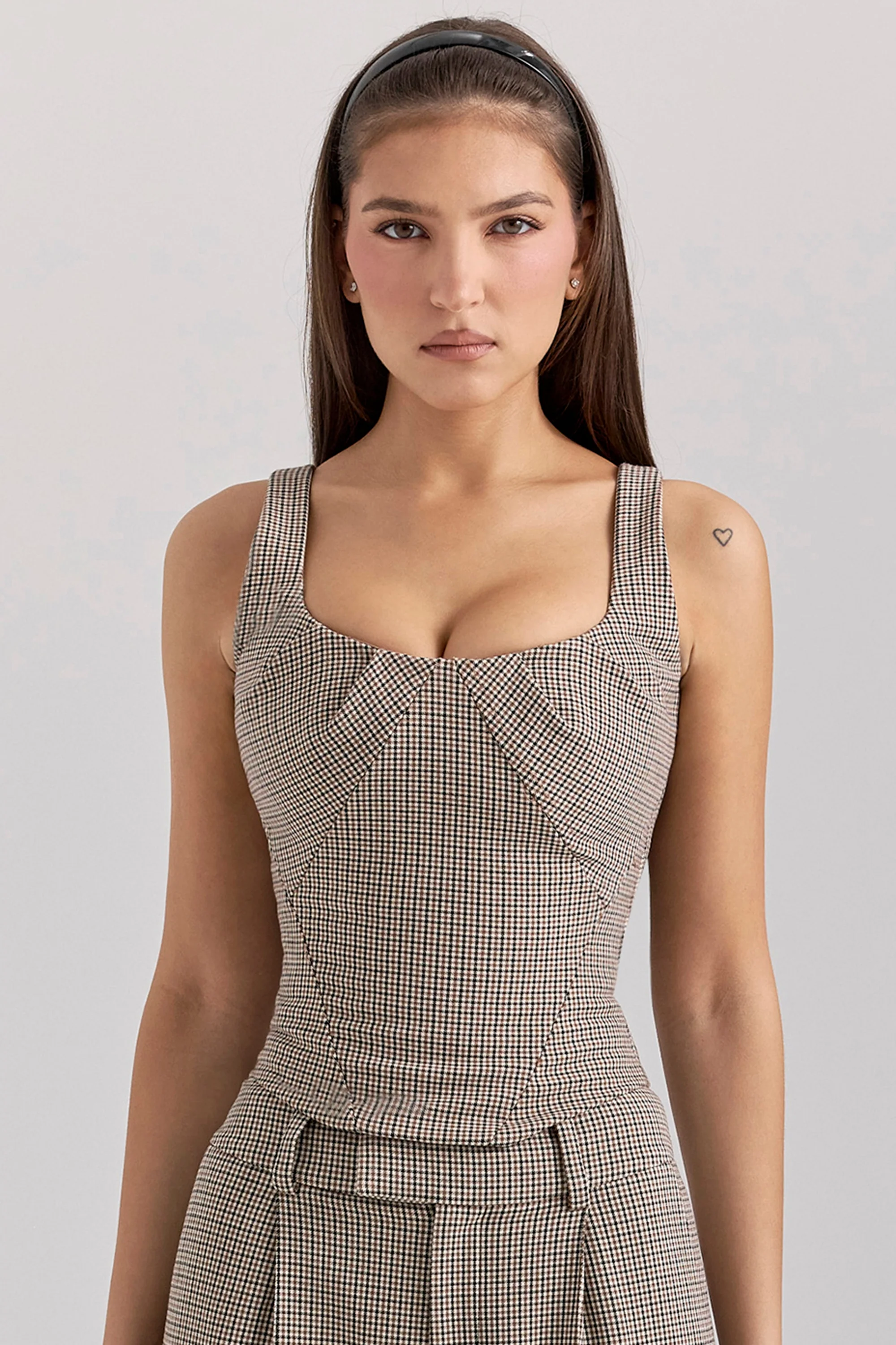 Brown Puppytooth Boned Corset Top