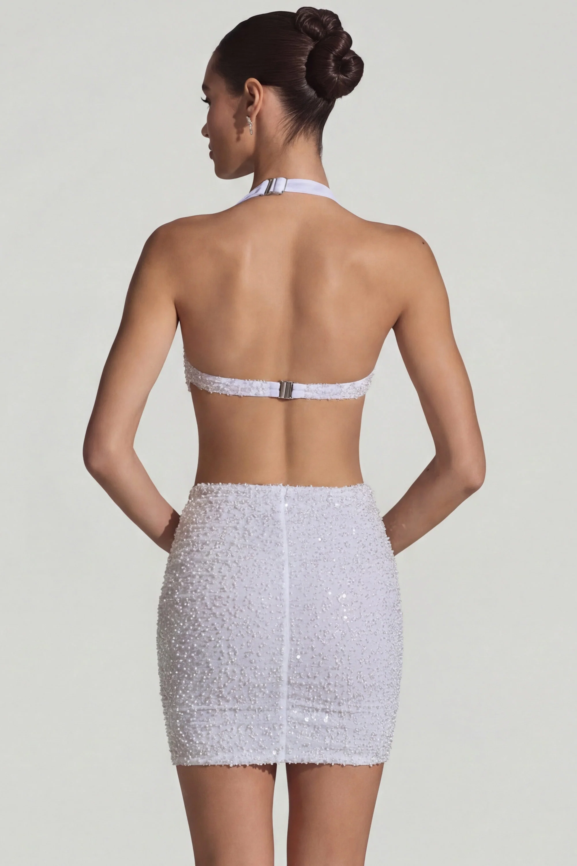 Embellished Cut-Out Halterneck Mini Dress in White