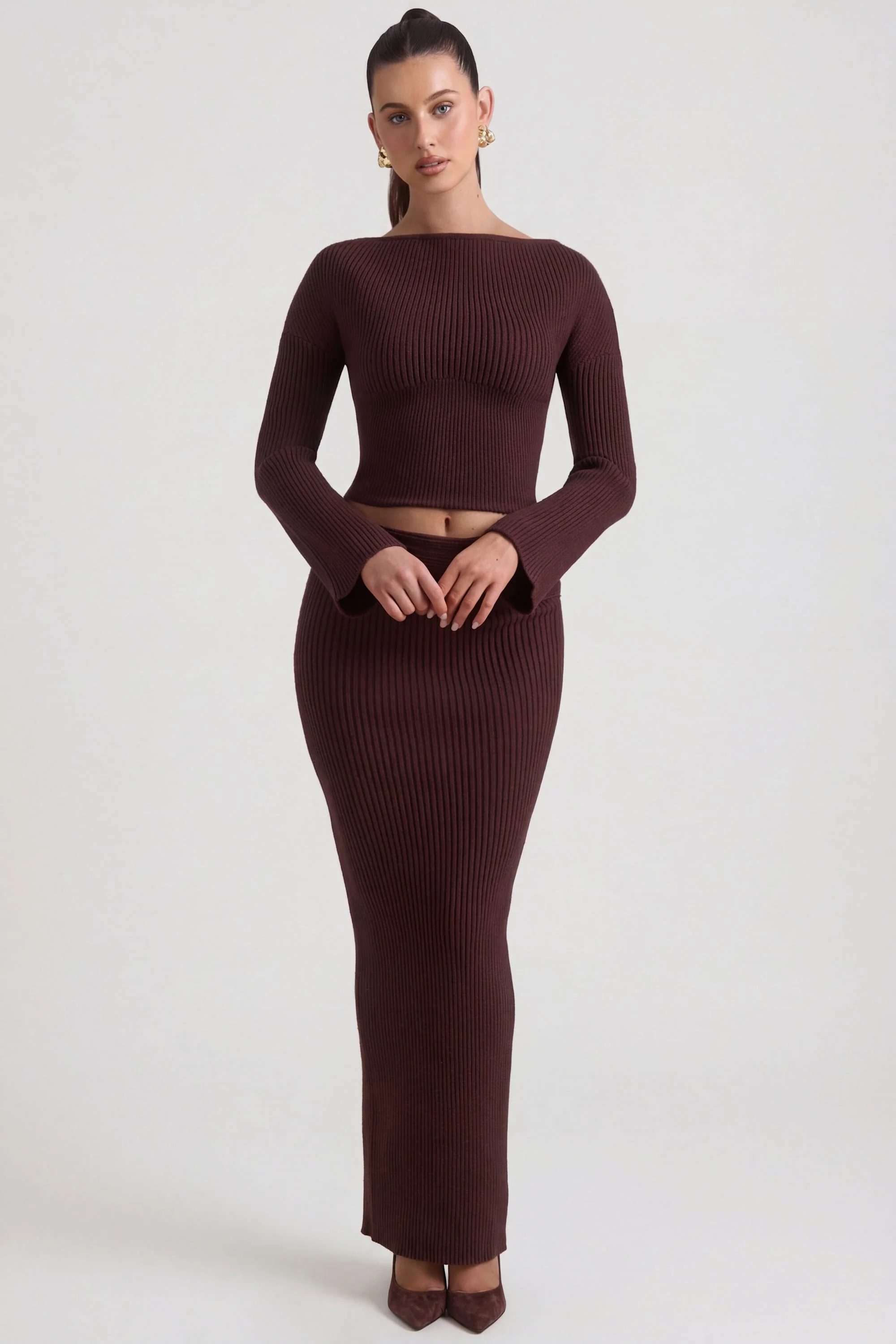 Ribbed-Knit Foldover Maxi Skirt in Espresso