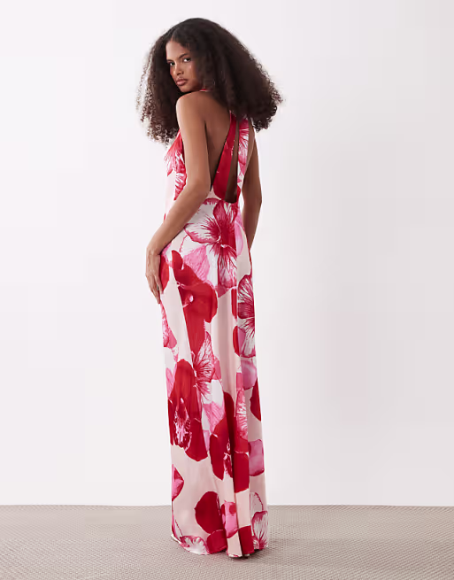 Vero Moda sleeveless open back satin midi dress with overblown floral print in light pink