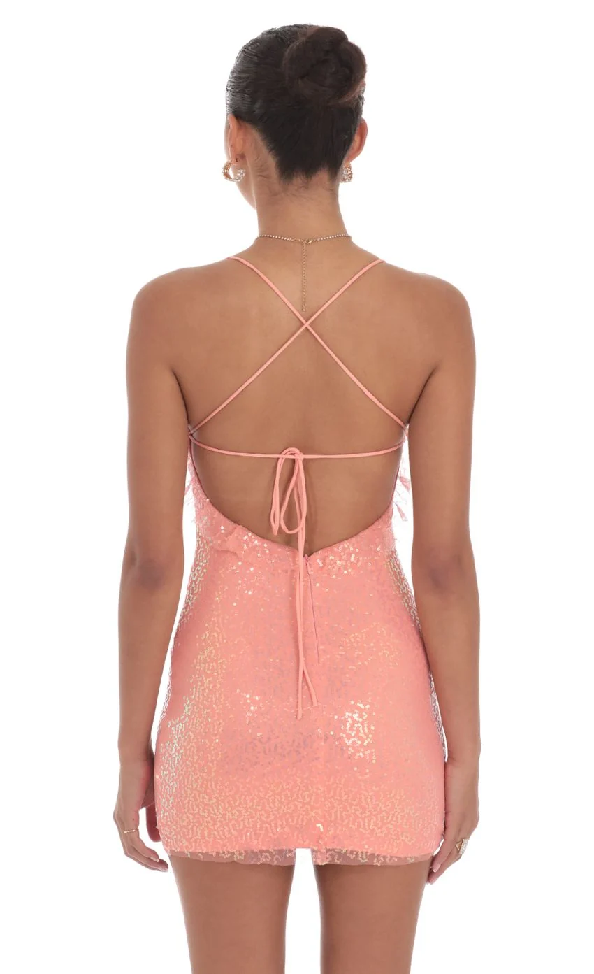 Sequin Ruffle Mini Dress in Coral