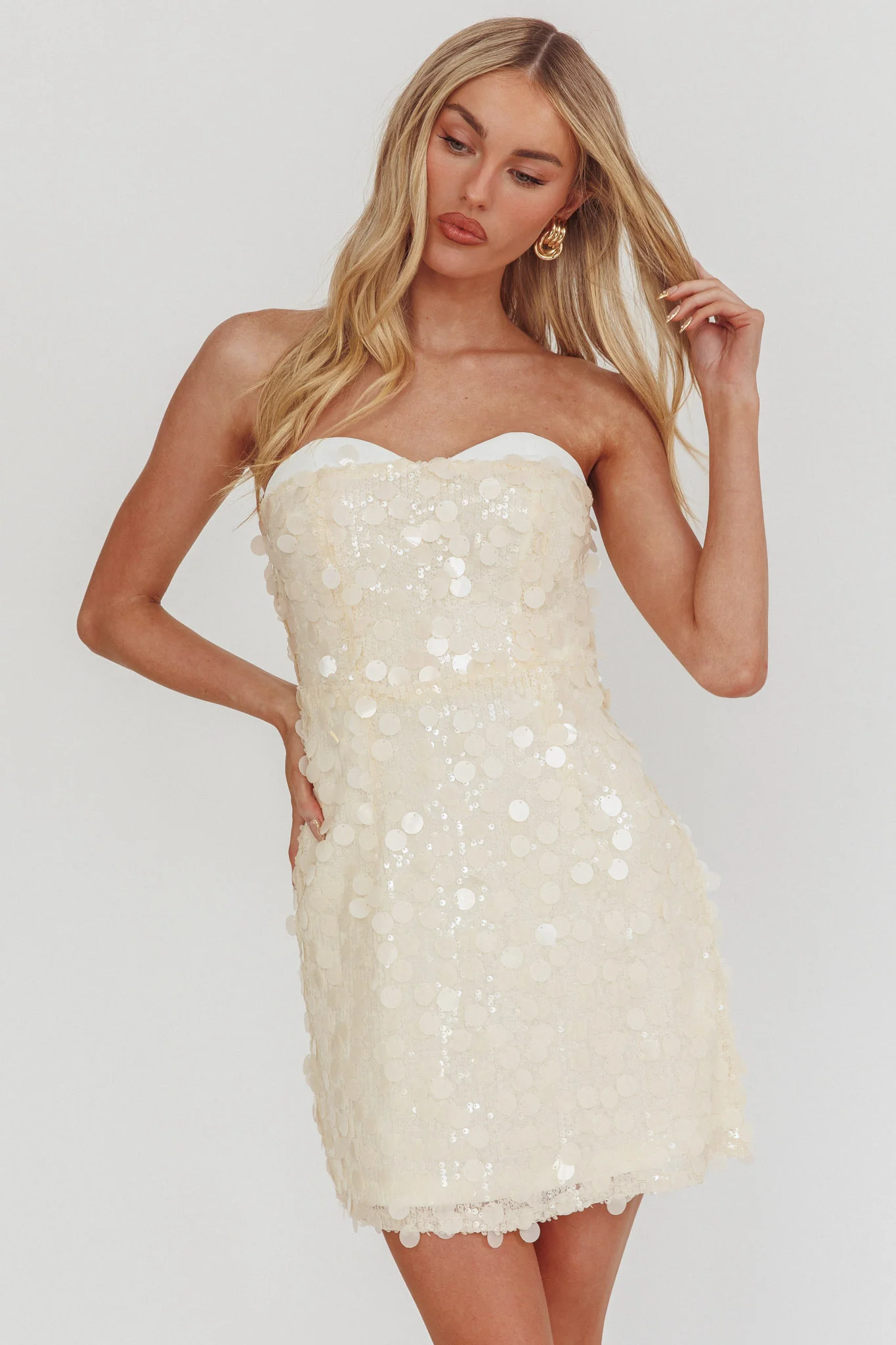 Hillara Strapless Mini Dress Sequin Cream