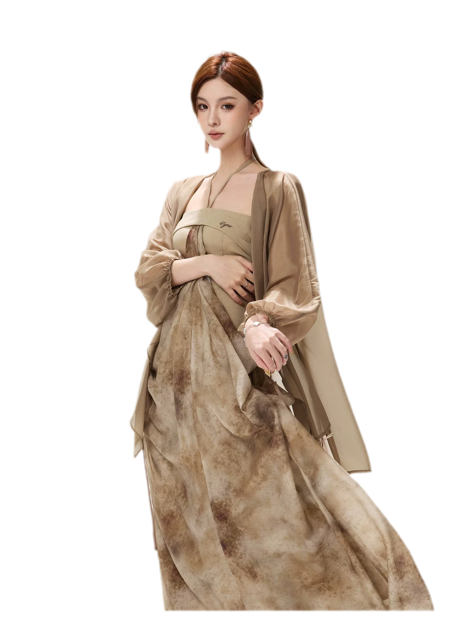 Ink-Wash Pleated Halter Dress