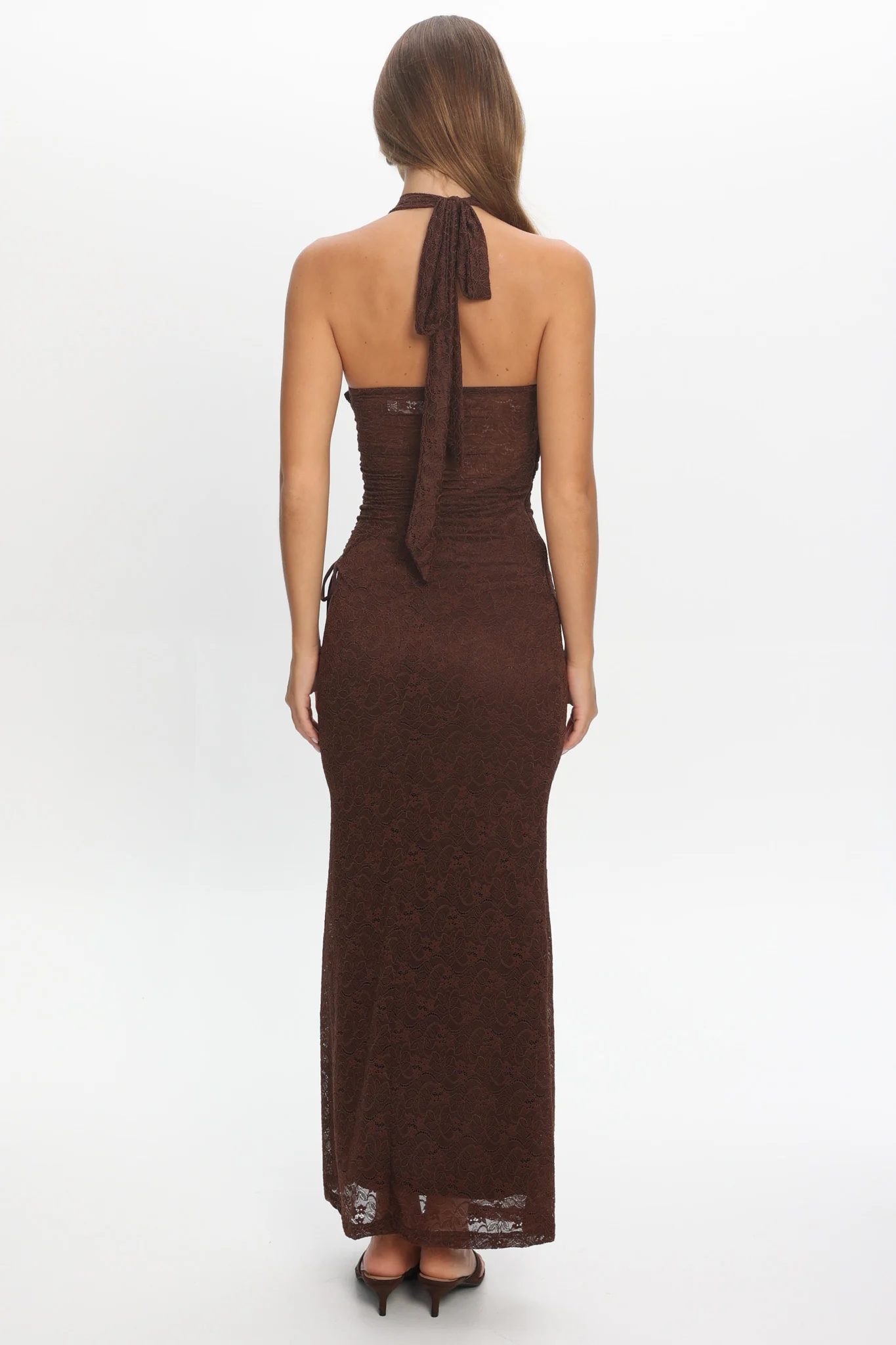 Karmella Ruched Halterneck Maxi Dress Chocolate - luluinthesky