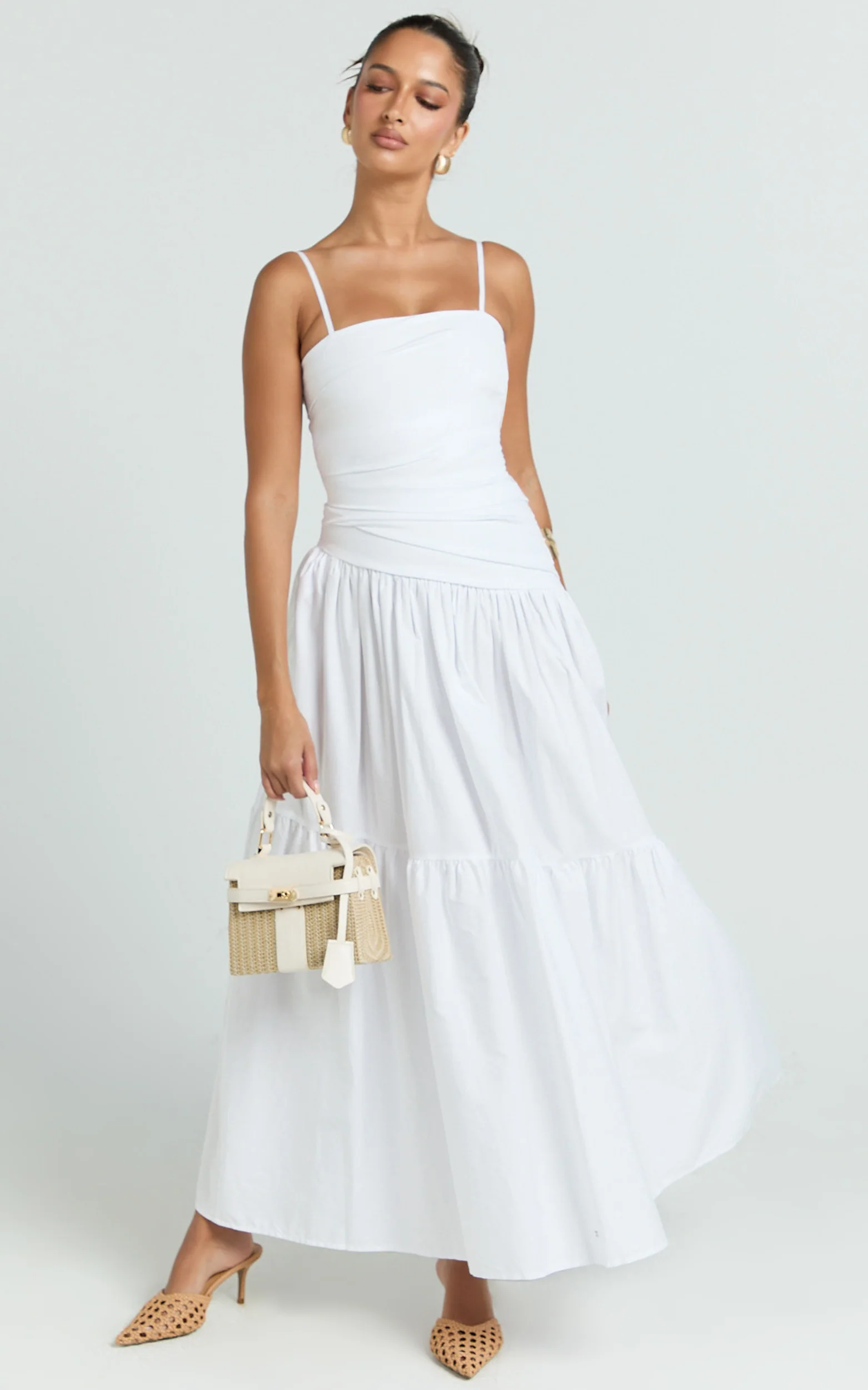 Dani Midi Dress - Asymmetrical Ruched Waisted in White