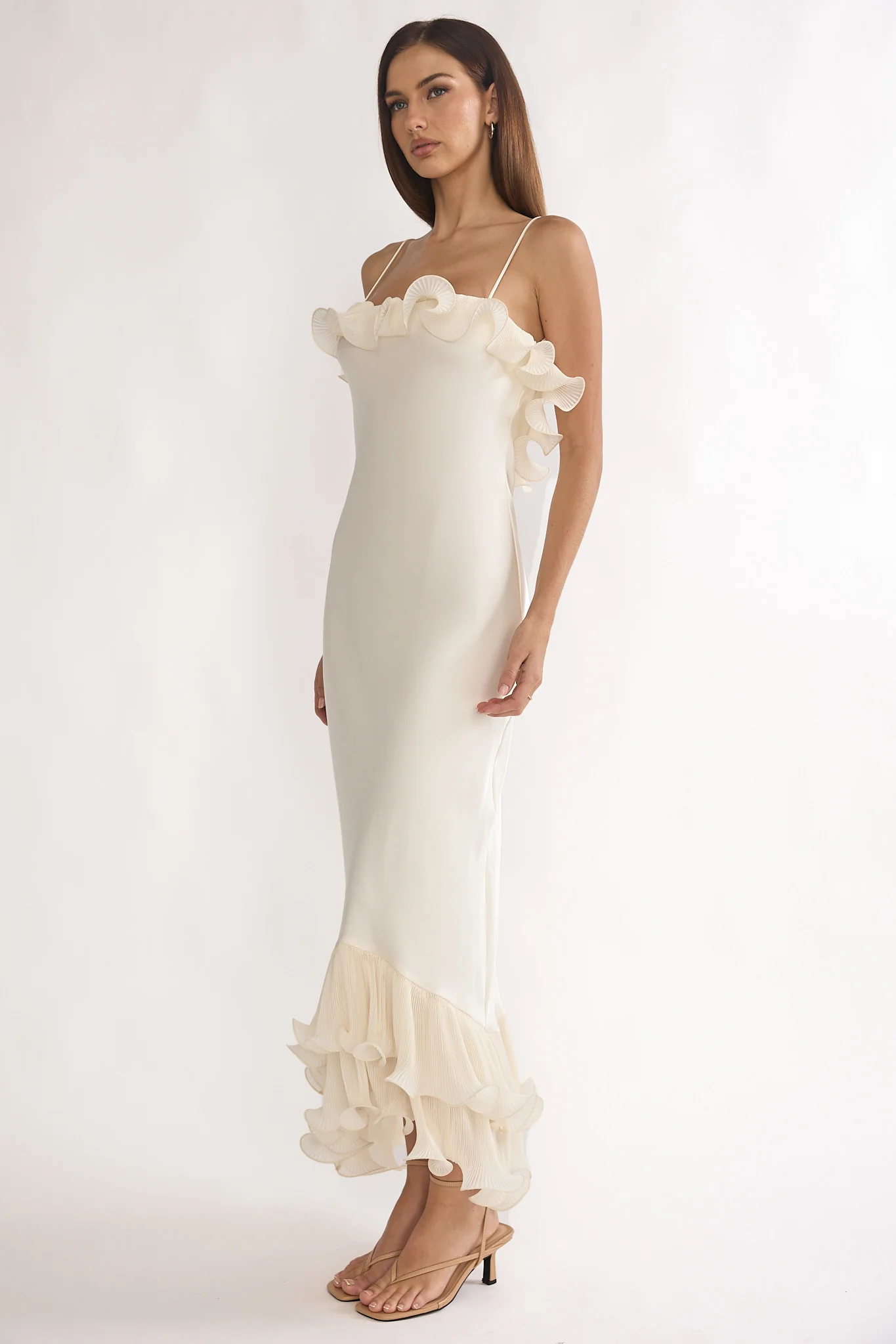 Okay, Cupid Low Back Ruffle Trim Maxi Dress Oyster - luluinthesky