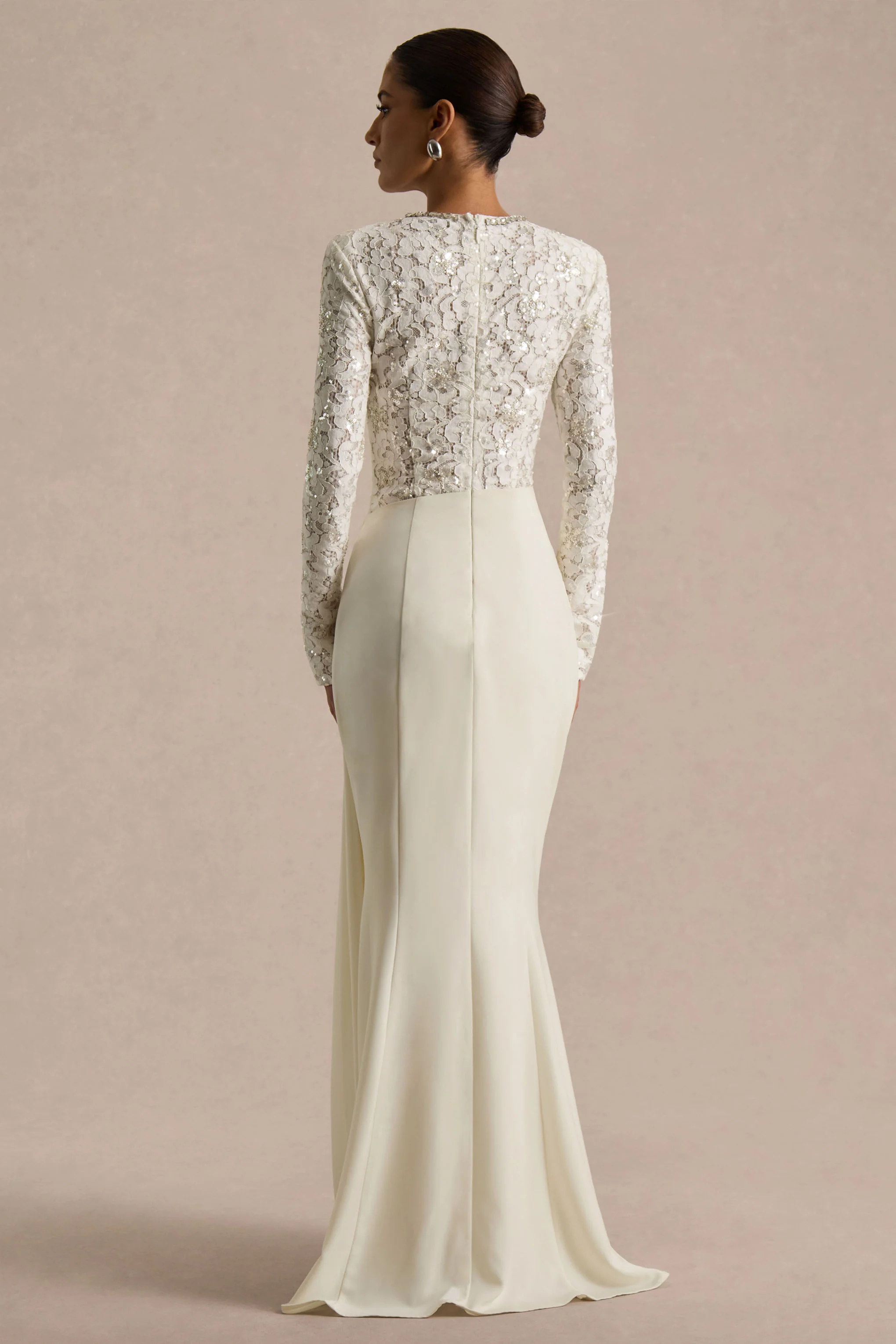 Beau | Ecru Lace Embellished Crew-Neck Maxi Dress With Draped Detail