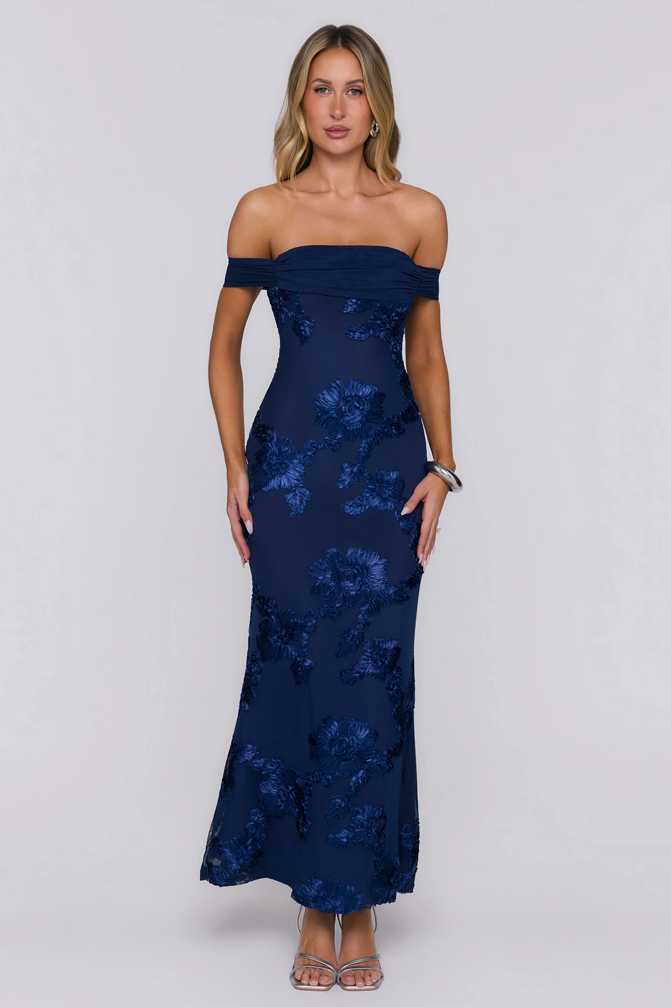 Lush Bloom Embroidered Off Shoulder Maxi Dress Navy