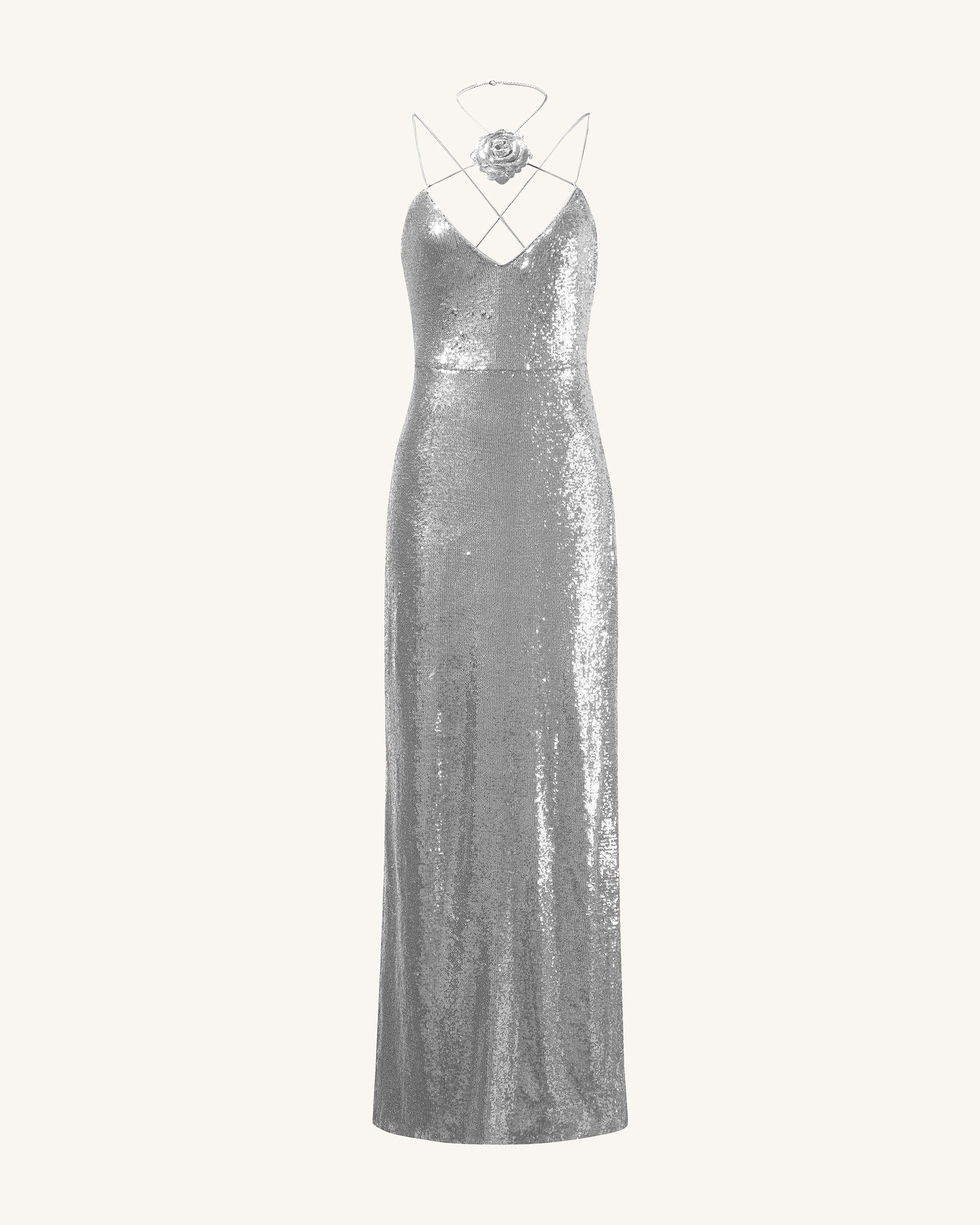 Heisey Silver Sequinned Rosette Maxi Dress - Silver - FASHION NOB