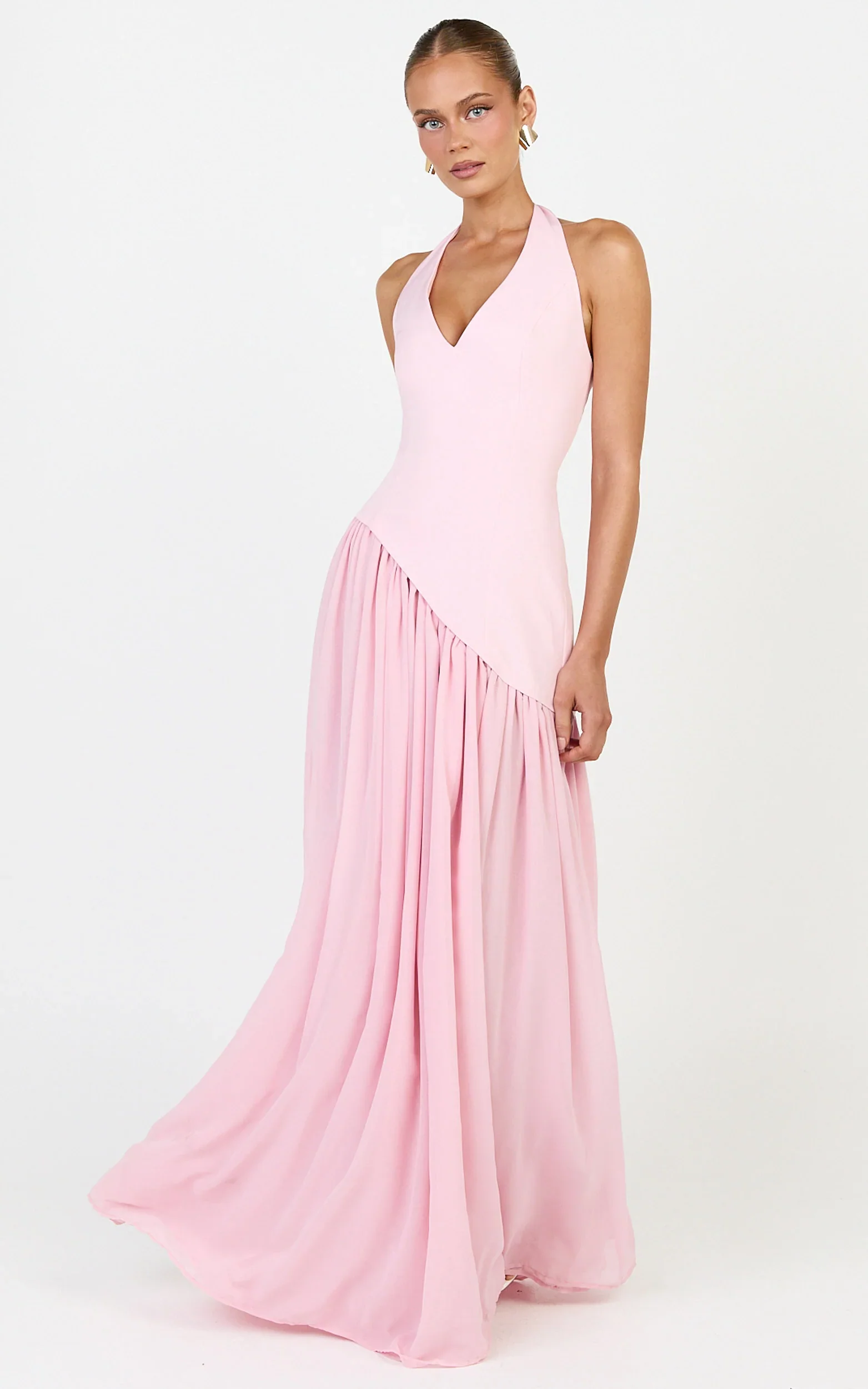 Calla Maxi Dress - Halter Neck Asymmetric Dropped Waist Dress in Pink
