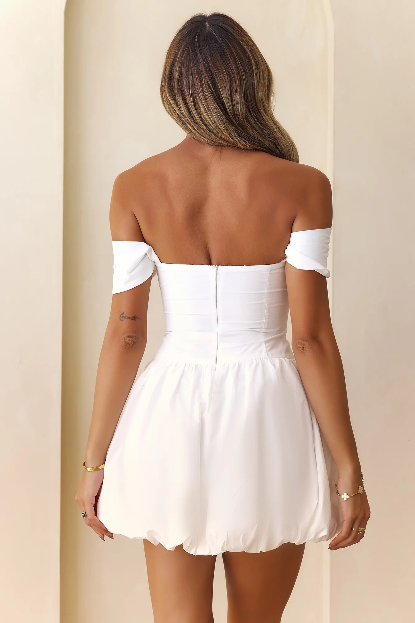 Classic Romance Off Shoulder Bubble Mini Dress White - luluinthesky