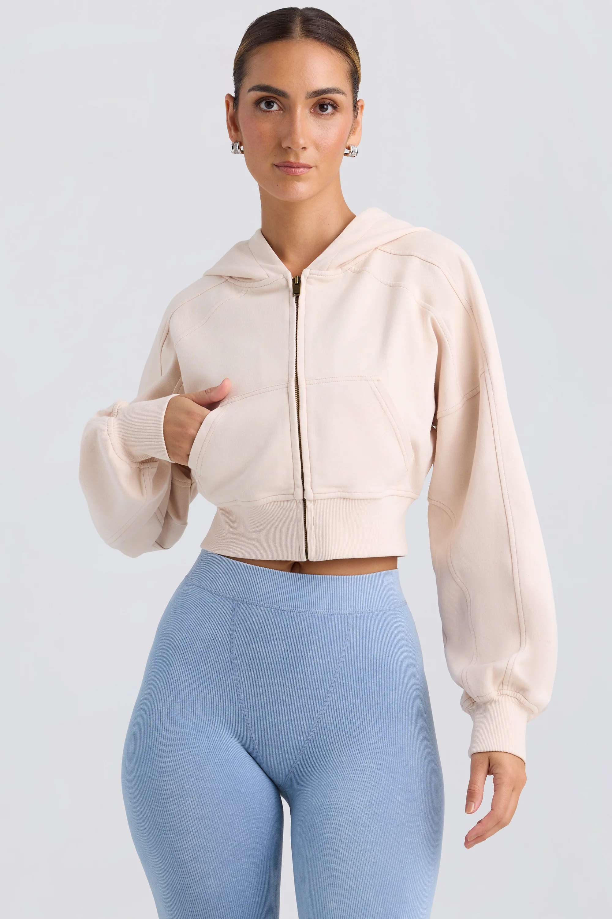 Brushed Jersey Zip-Up Cropped Hoodie in Washed Cream