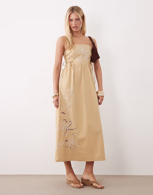 River Island tie side floral embroidered midi dress in stone