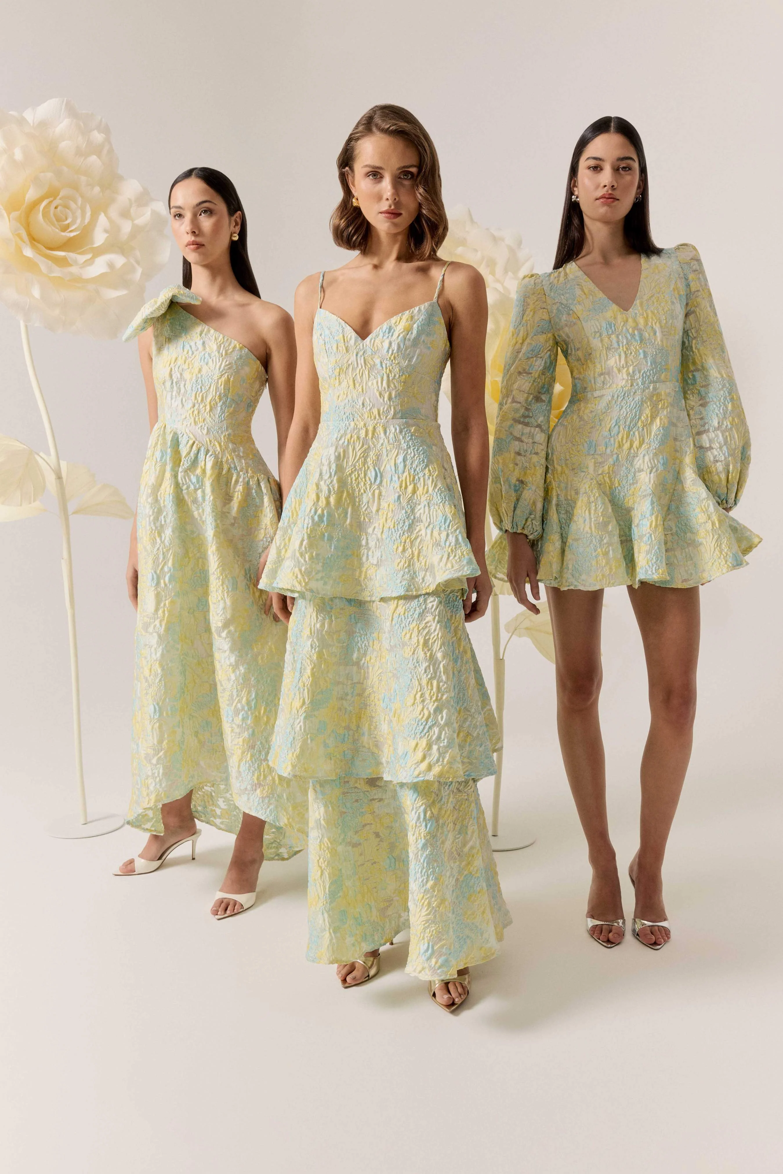 Penelope Asymmetrical Gown in Yellow & Blue Floral