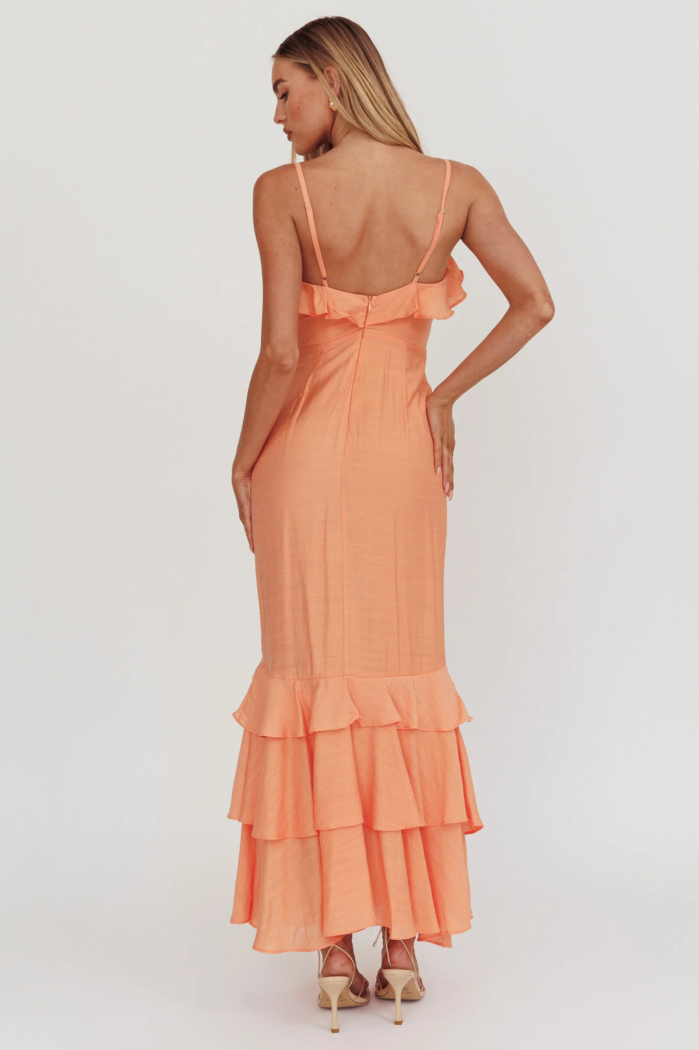 Silvana Frill Trim Split Maxi Dress Orange - luluinthesky