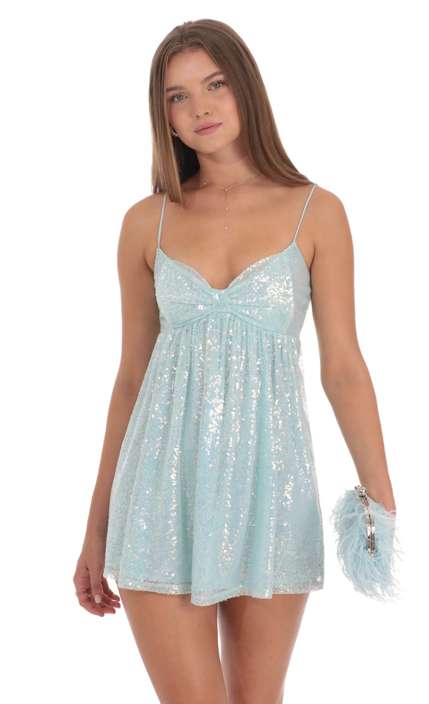 Sequin Front Bow Babydoll Dress in Seafoam Mint green
