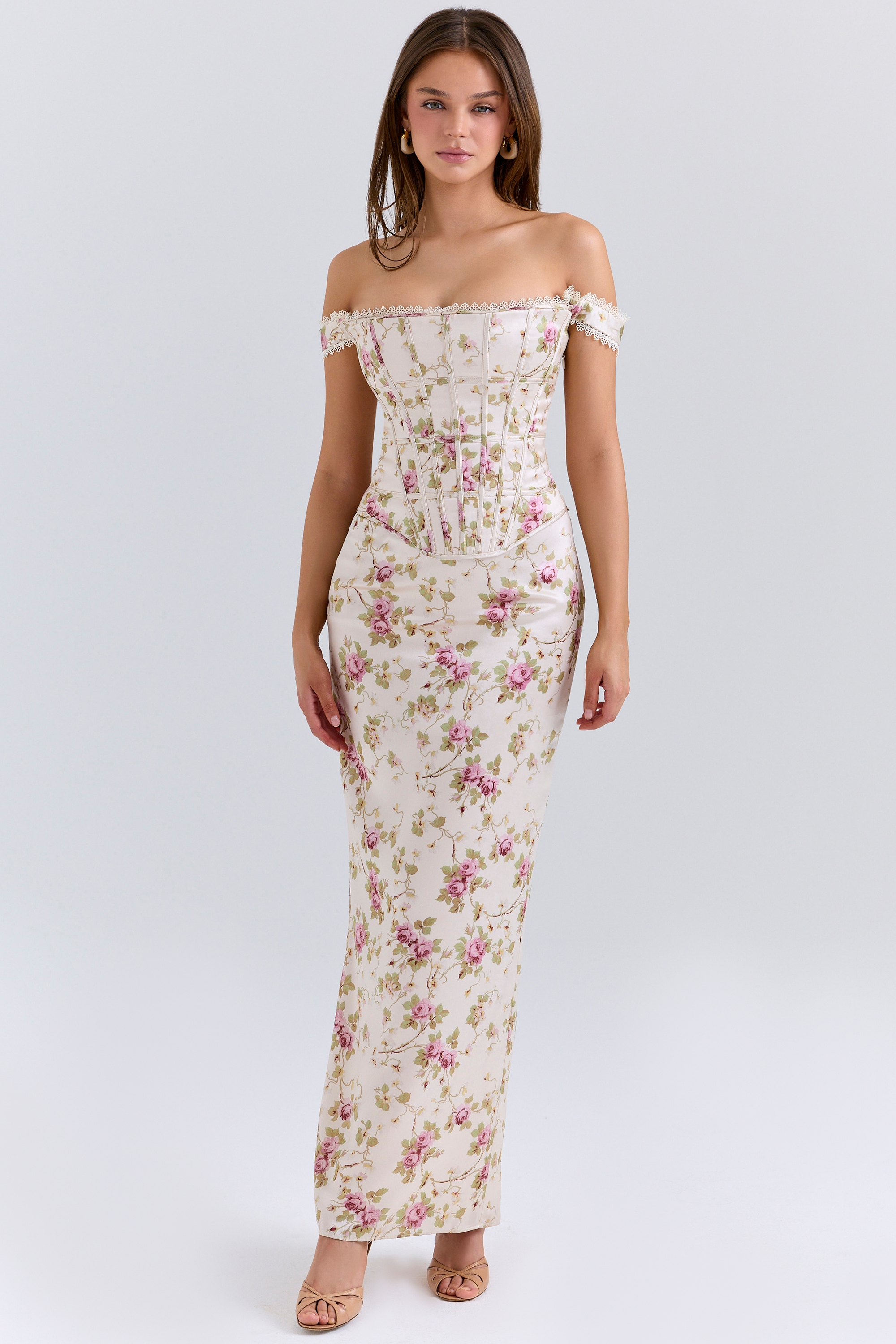 vintage cream floral print corset maxi dress