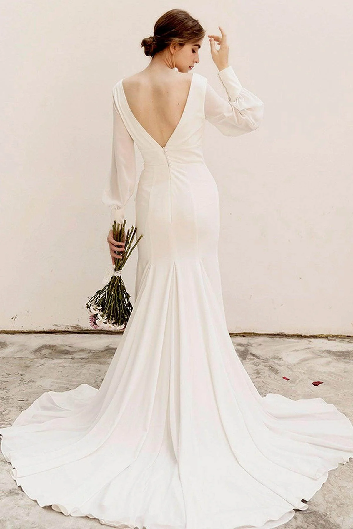 Sweep-Brush Train Satin Chiffon Wedding Dress CW3038