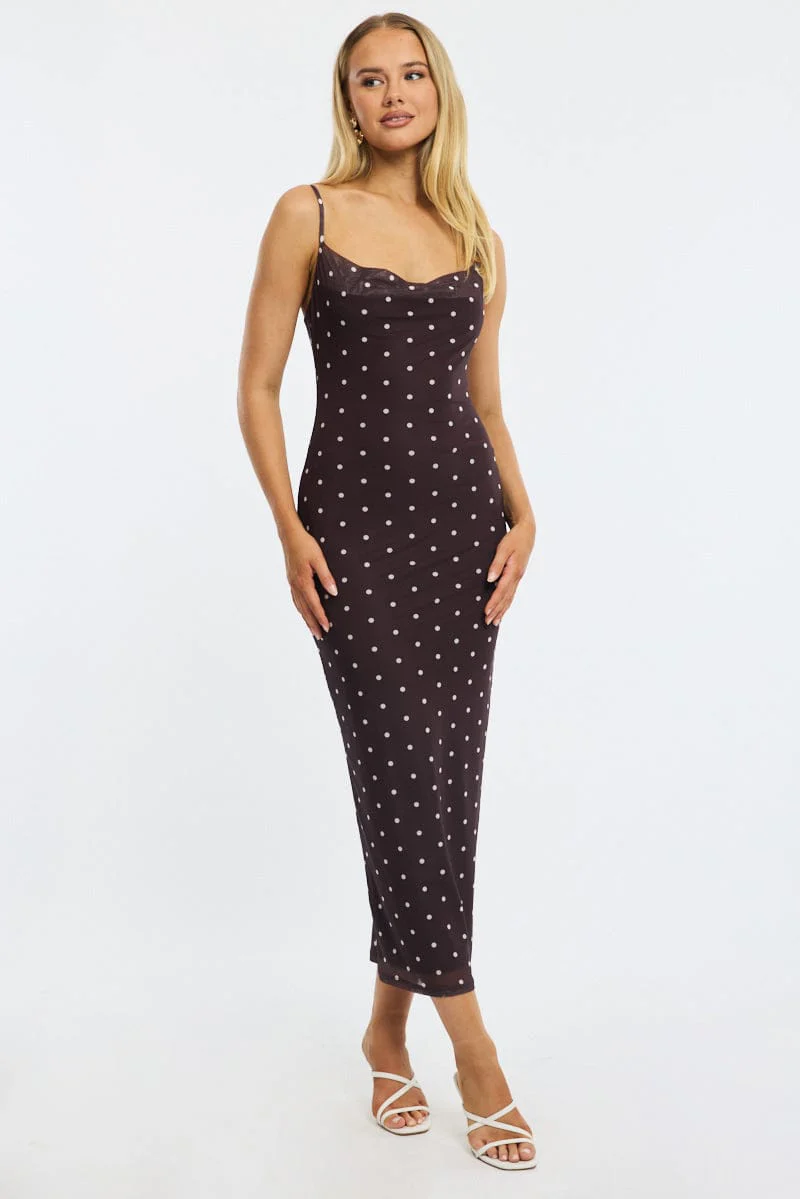 Brown Polka Dot Bodycon Dress Polka Dot Cowl Neck Maxi