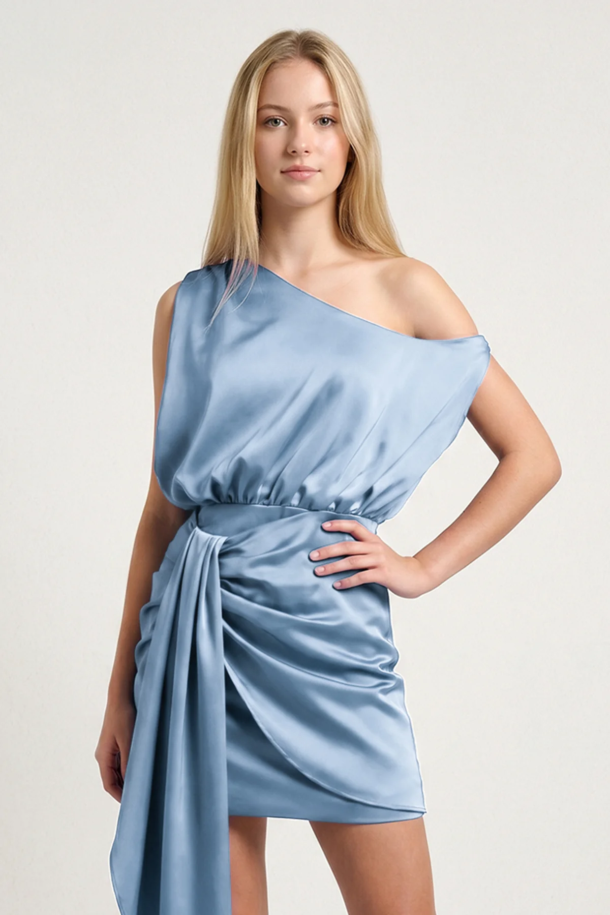 Dusty Blue Sheath One Shoulder Satin Homecoming Dresses with Drape
