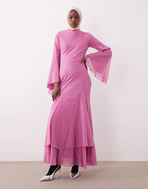long sleeve layered godet bias cut maxi dress in pink