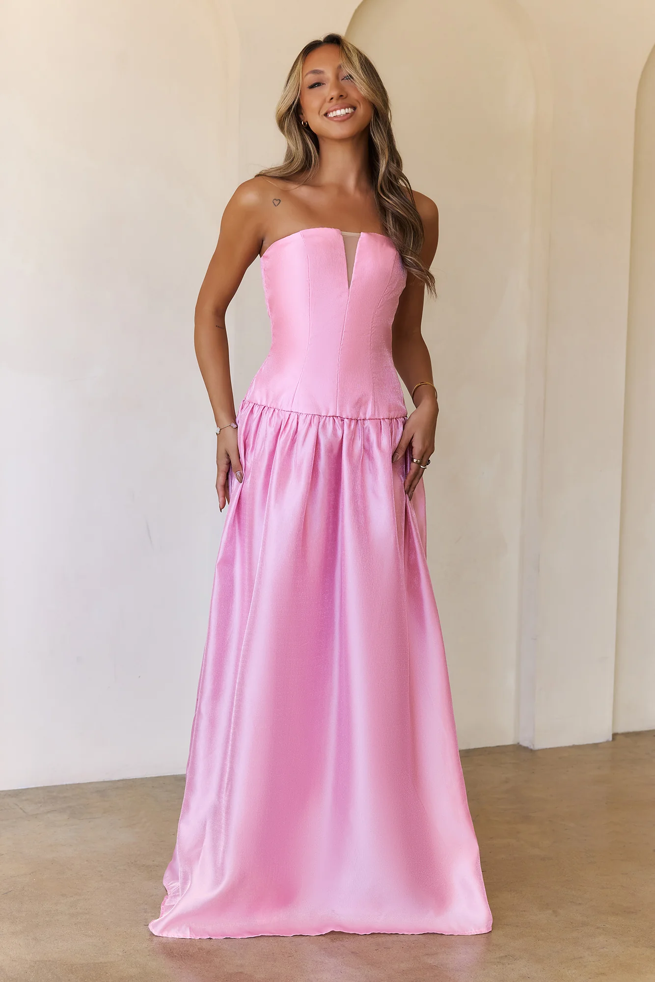 Princess Cut Strapless Maxi Dress Pink
