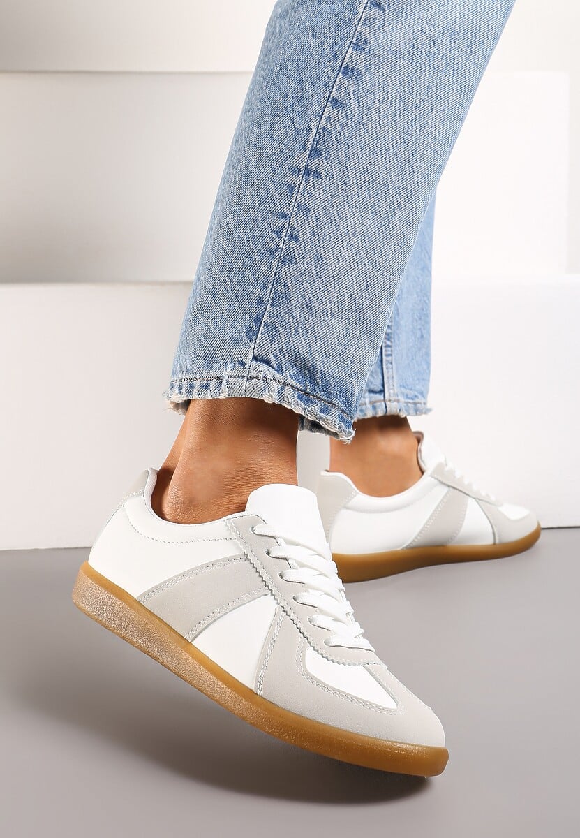Szaro-Białe Sneakersy Tenisówki z Ozdobnymi Przeszyciami Sumina
