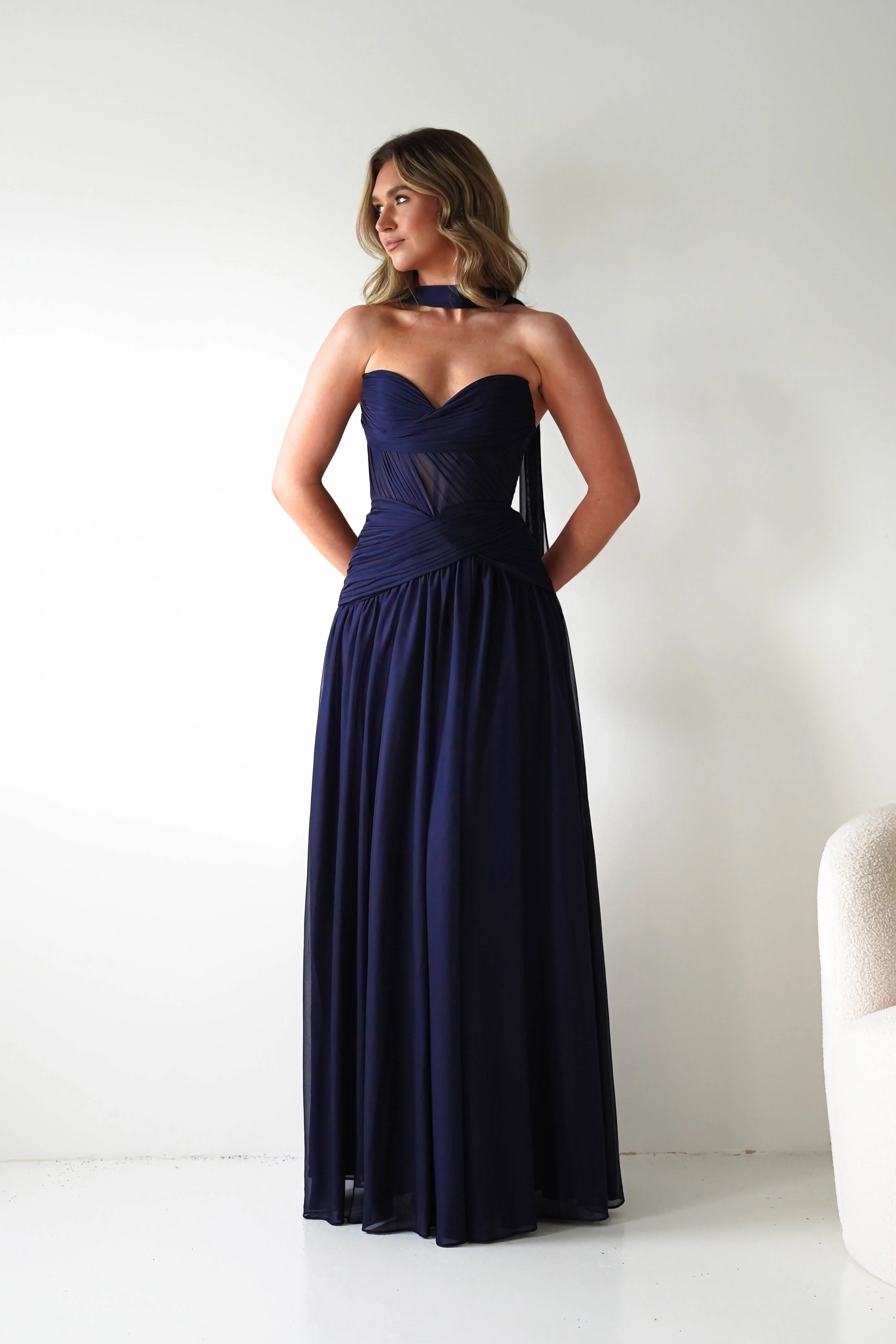 Nicolette Strapless Chiffon Maxi Gown | Navy
