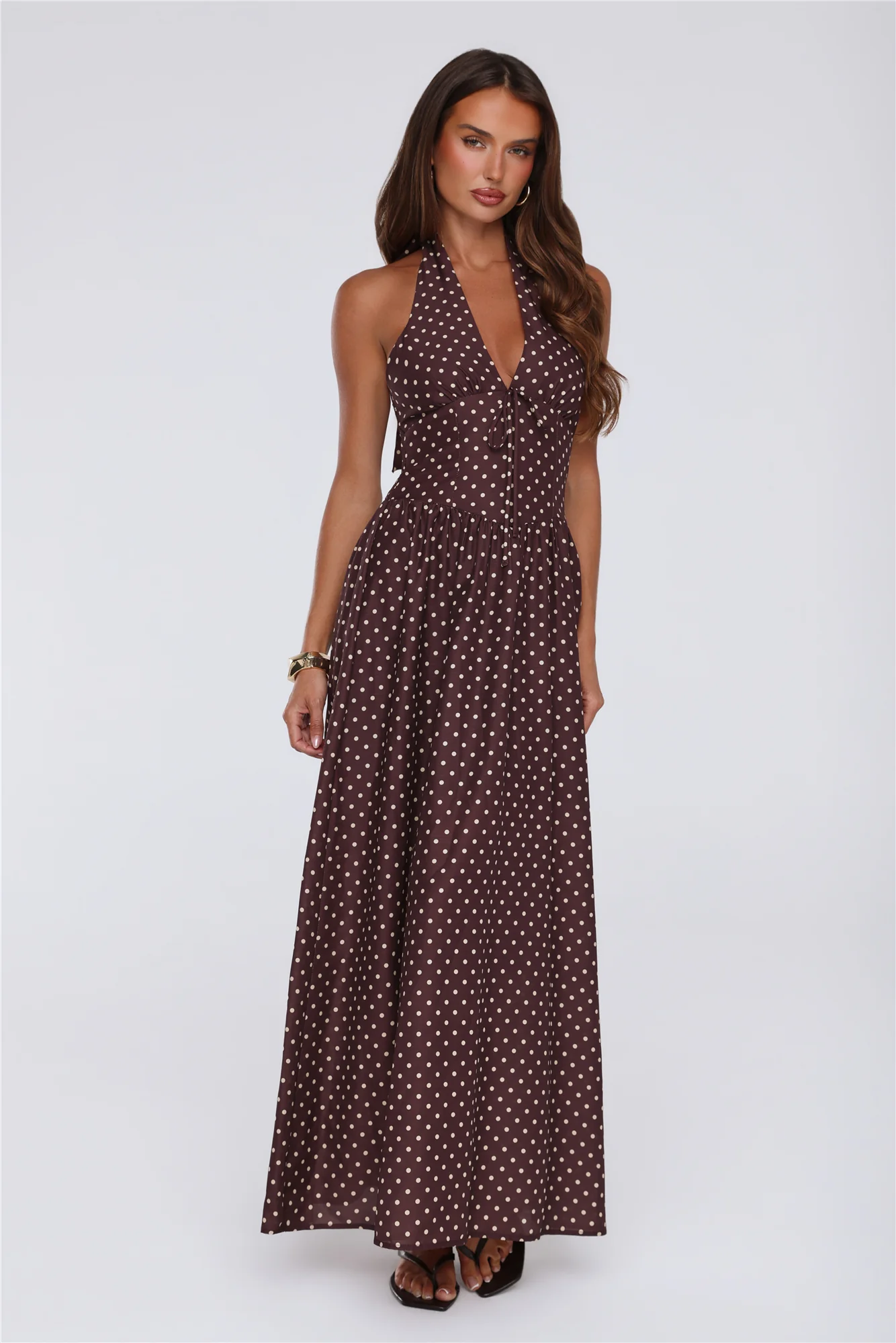 Yes To Polka Dots Halter Maxi Dress Brown - luluinthesky