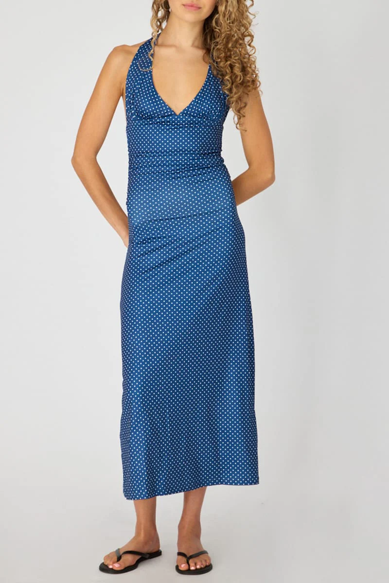 Blue Polka Dot Halter Neck Midi Dress