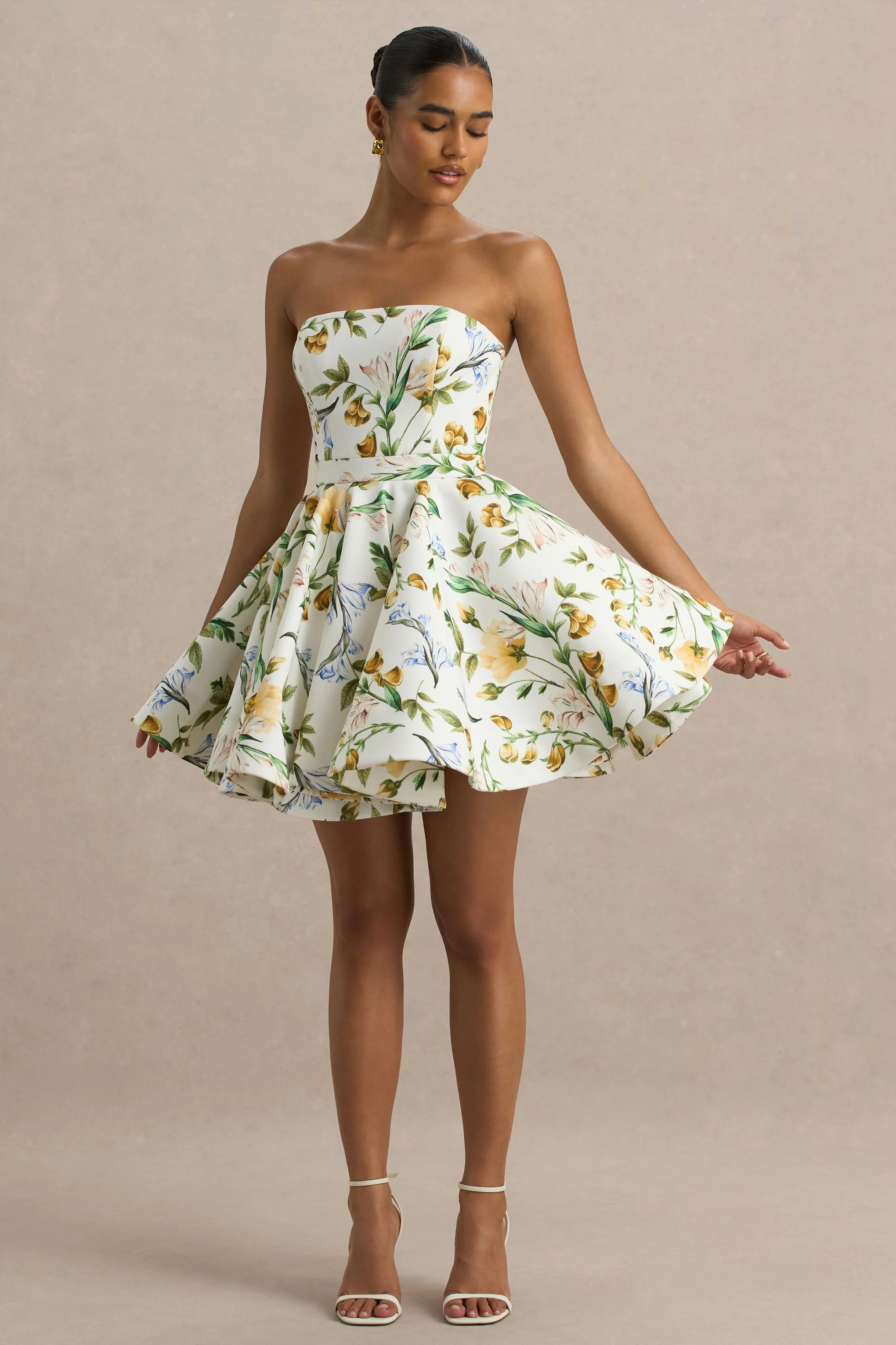 Valerian | Lemon Floral Print Bandeau Mini Dress With Ruffle Hem