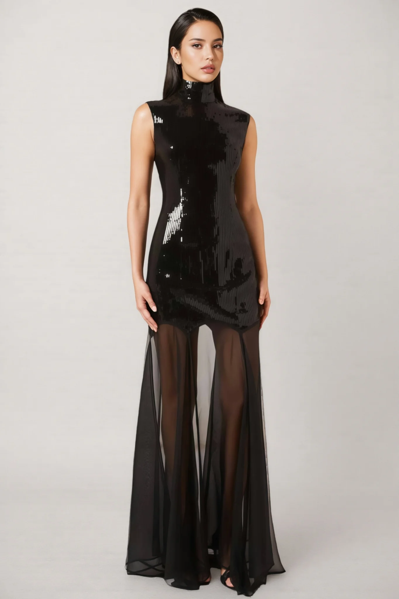 Mayads High Neck Sequin Mesh Maxi Dress