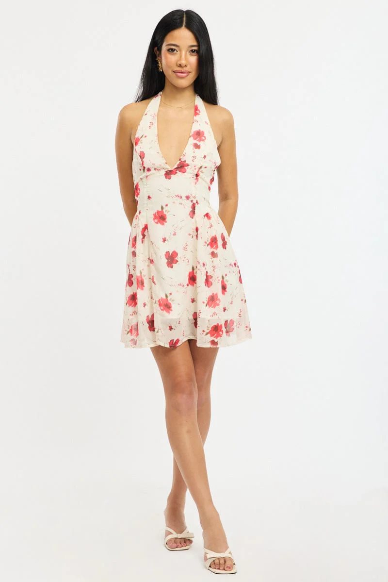 Pink Floral Halter Neck Dress Mini
