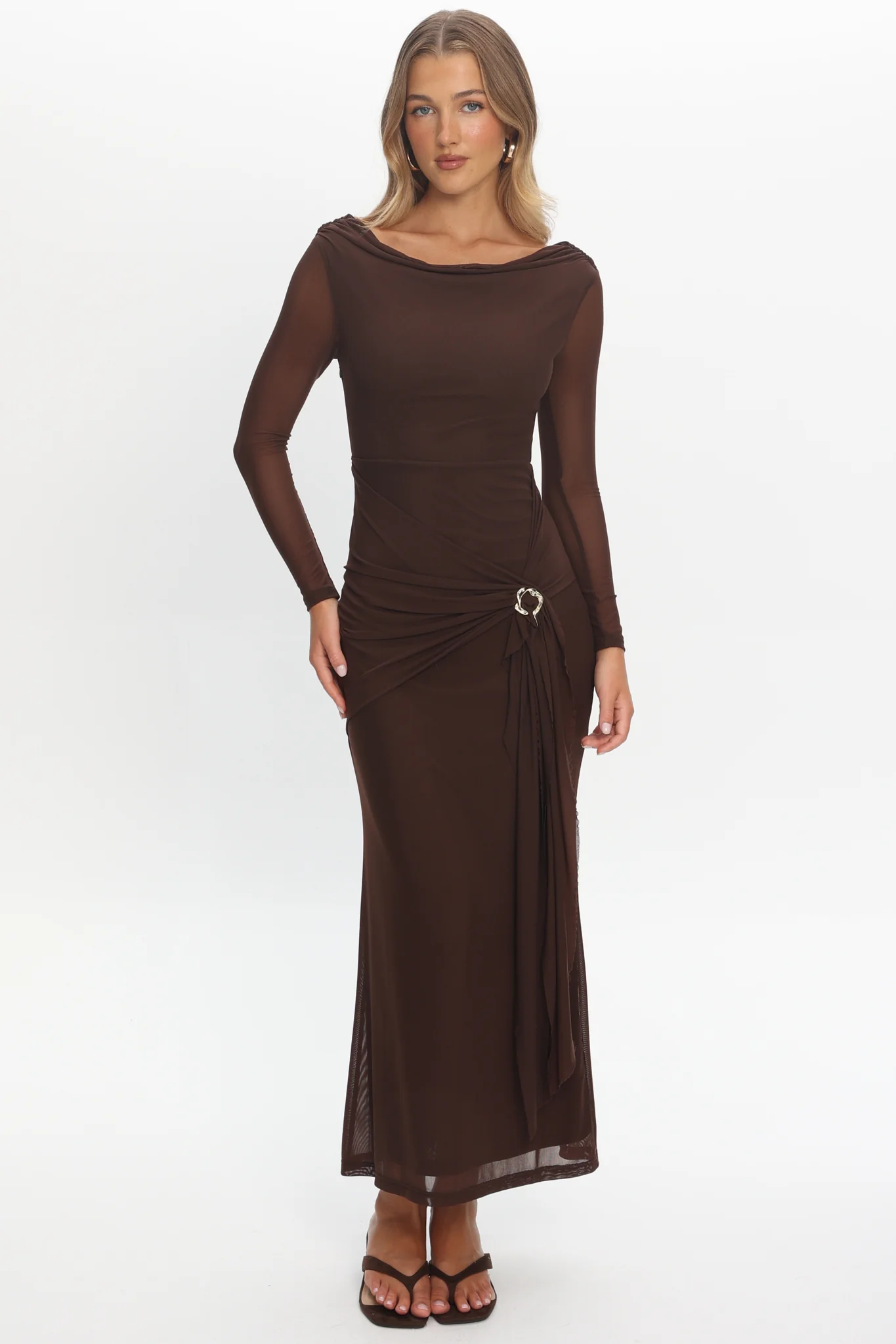 Lyssia Cowl Neck Waist Sash Maxi Dress Chocolate