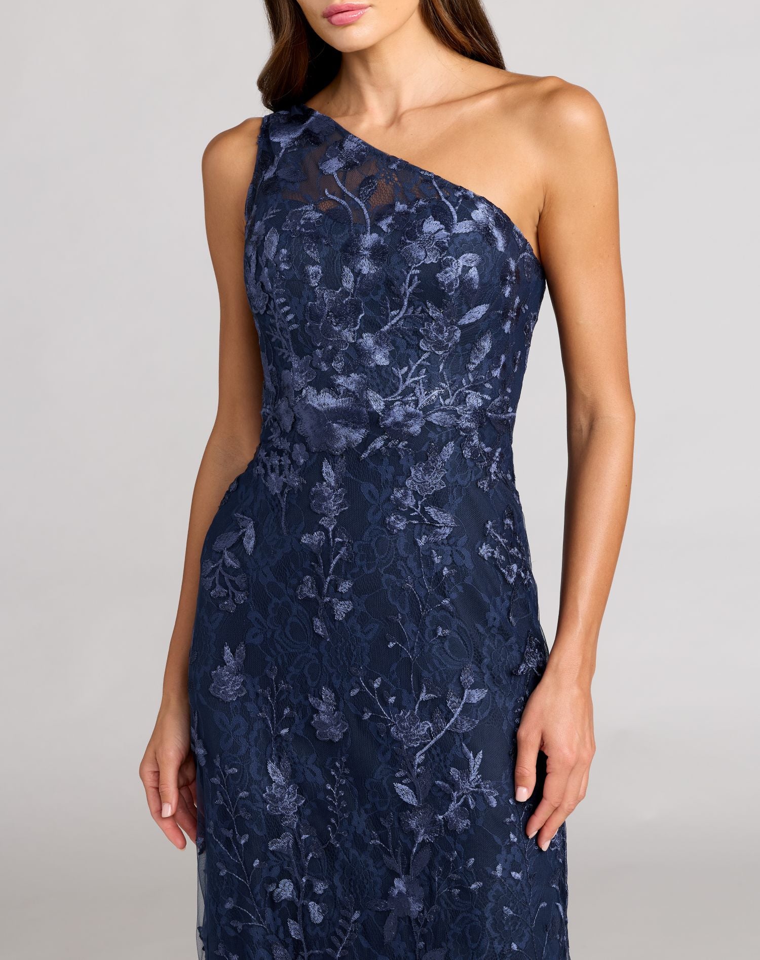 Petite Navy One Shoulder Floral Embroidered Gown