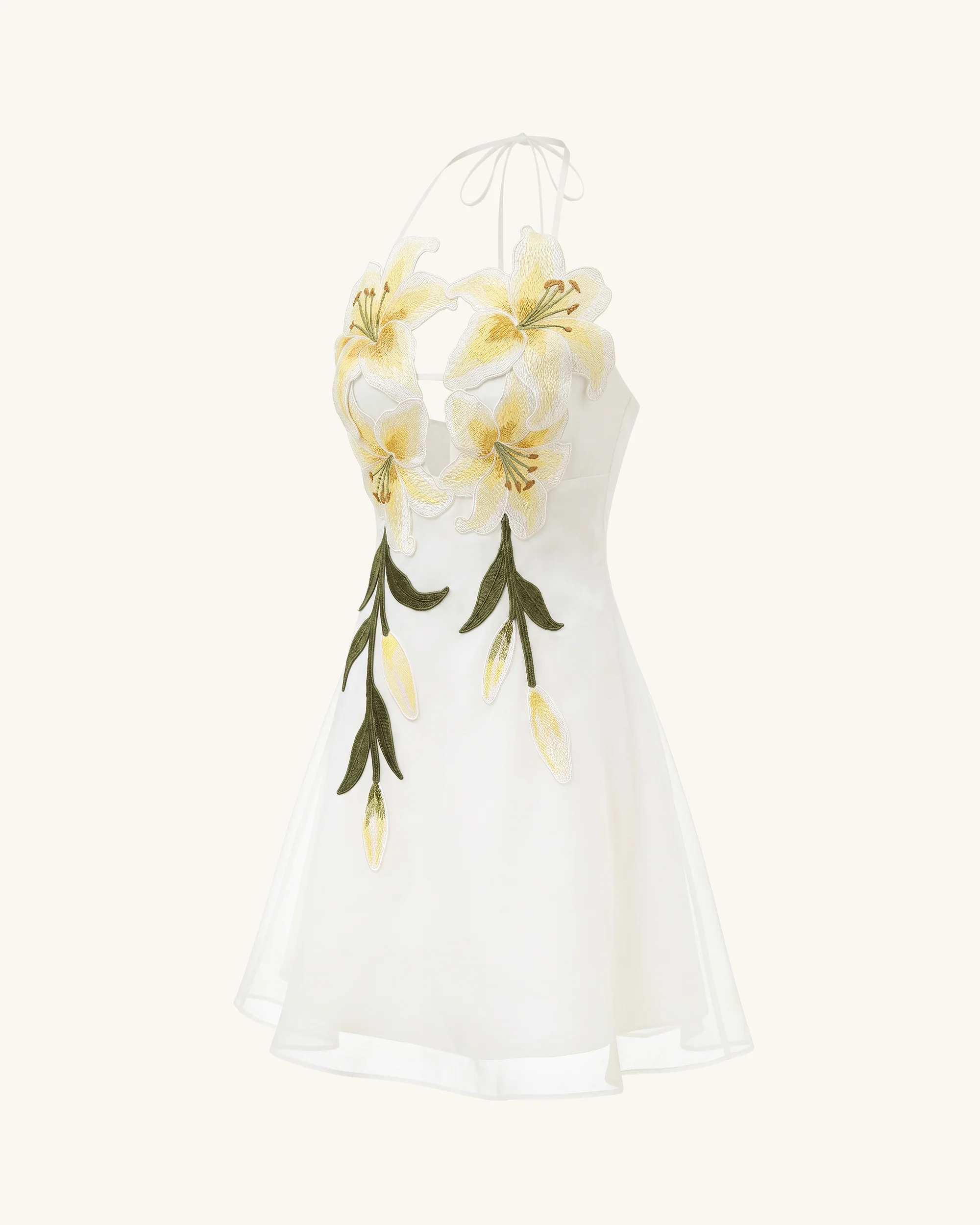 Lily-Embroidered Halter Mini Dress - White - FASHION NOB