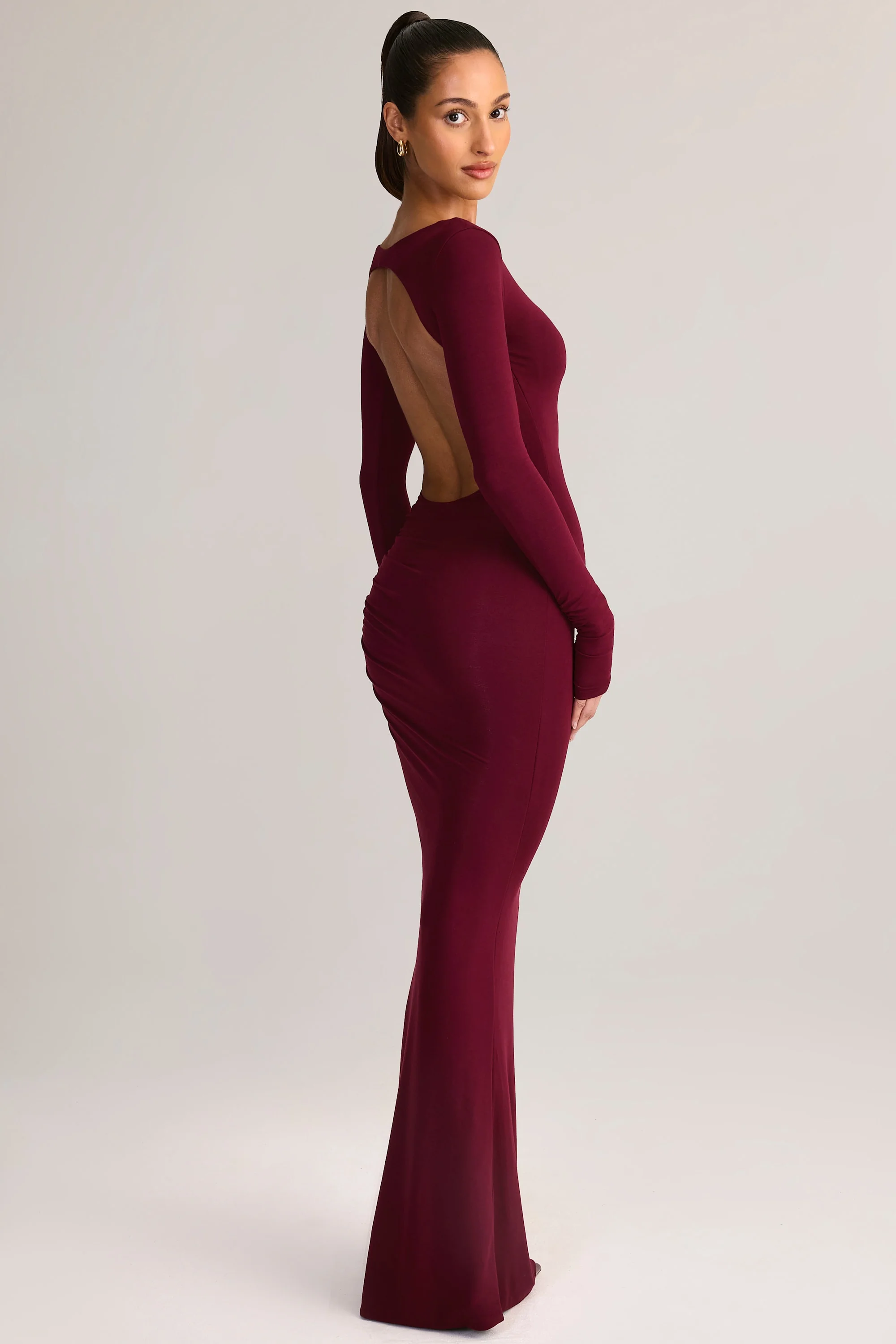 Modal Ruched Backless Maxi Dress in Wine