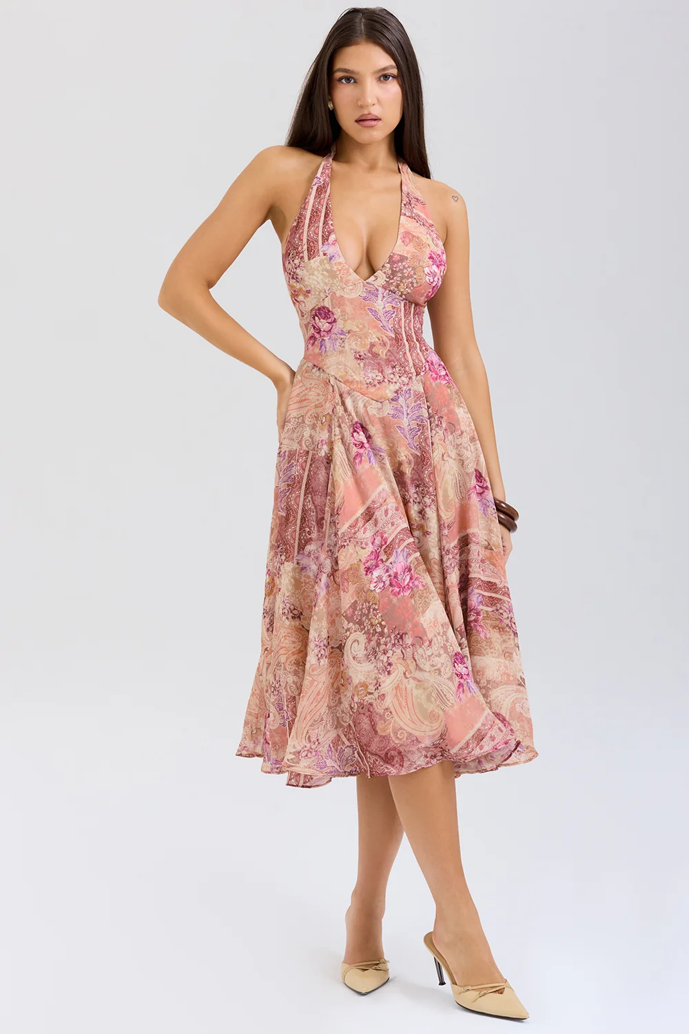 paisley patchwork print georgette halter sundress