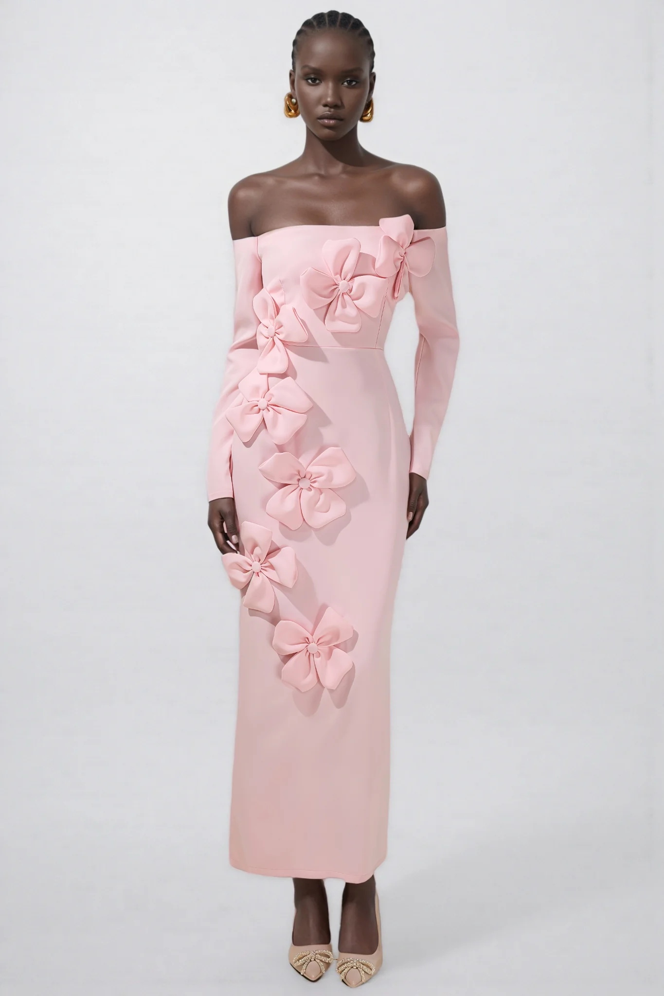 Verna Pink 3D Flower Off-Shoulder Midi Dress