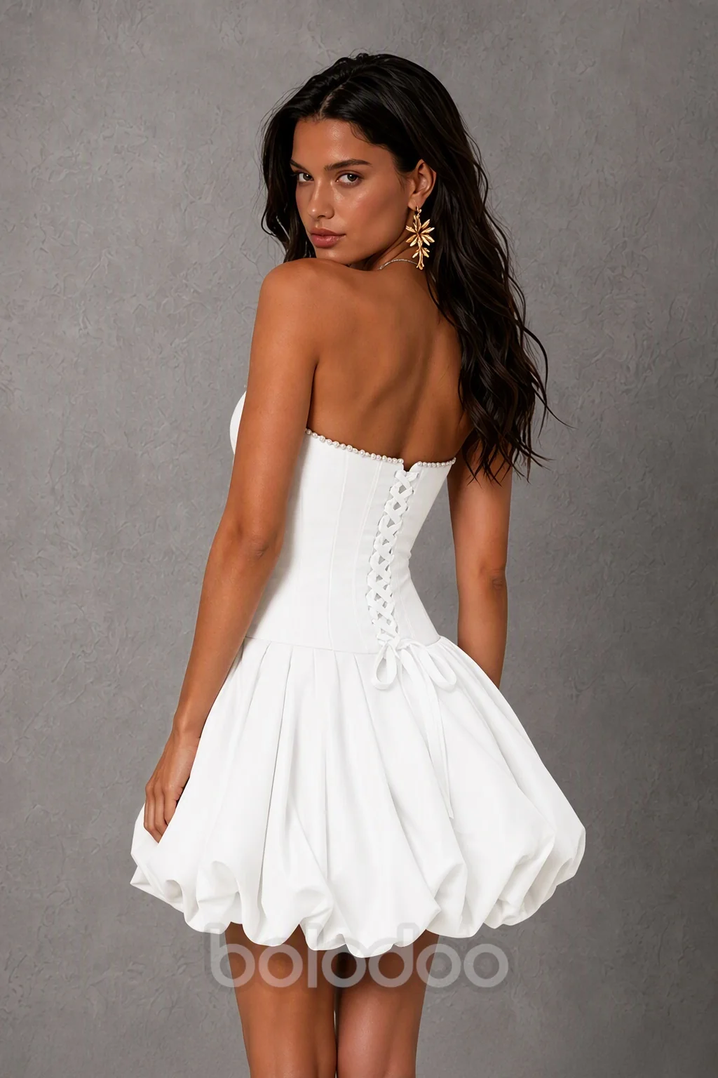 BOLODOO White Strapless Boned Corset Mini Dress with Pearl Trim, 3D Rose & Bubble Skirt