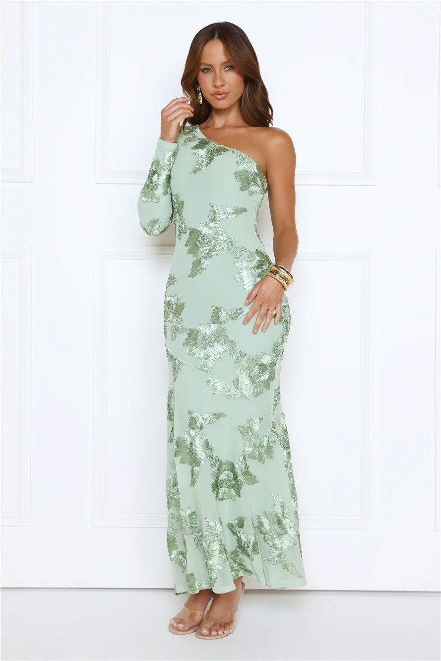 Glow Queen Energy One Shoulder Maxi Dress Sage