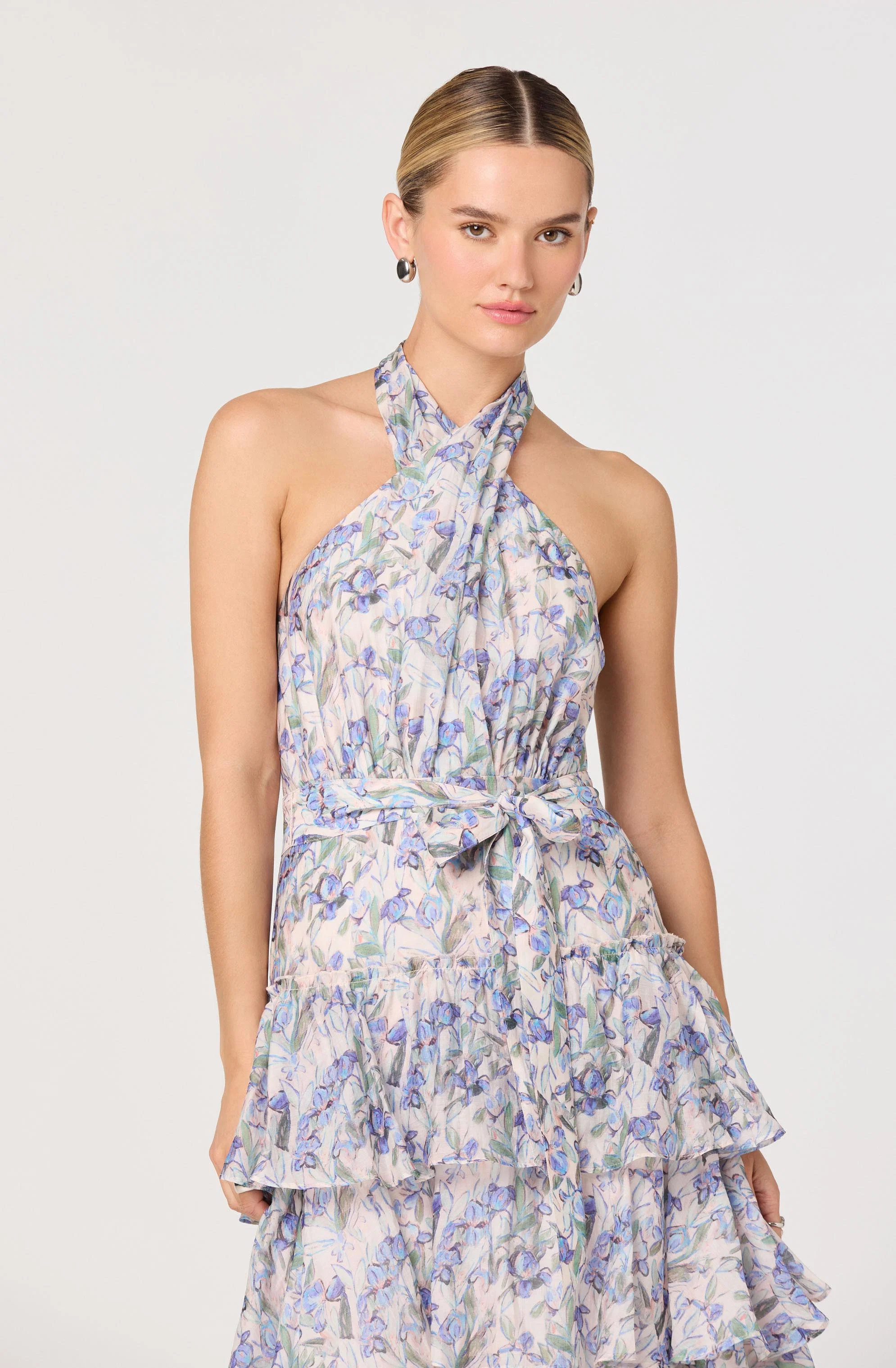 Adamaris Floral Halter Tiered Ruffle Maxi Dress