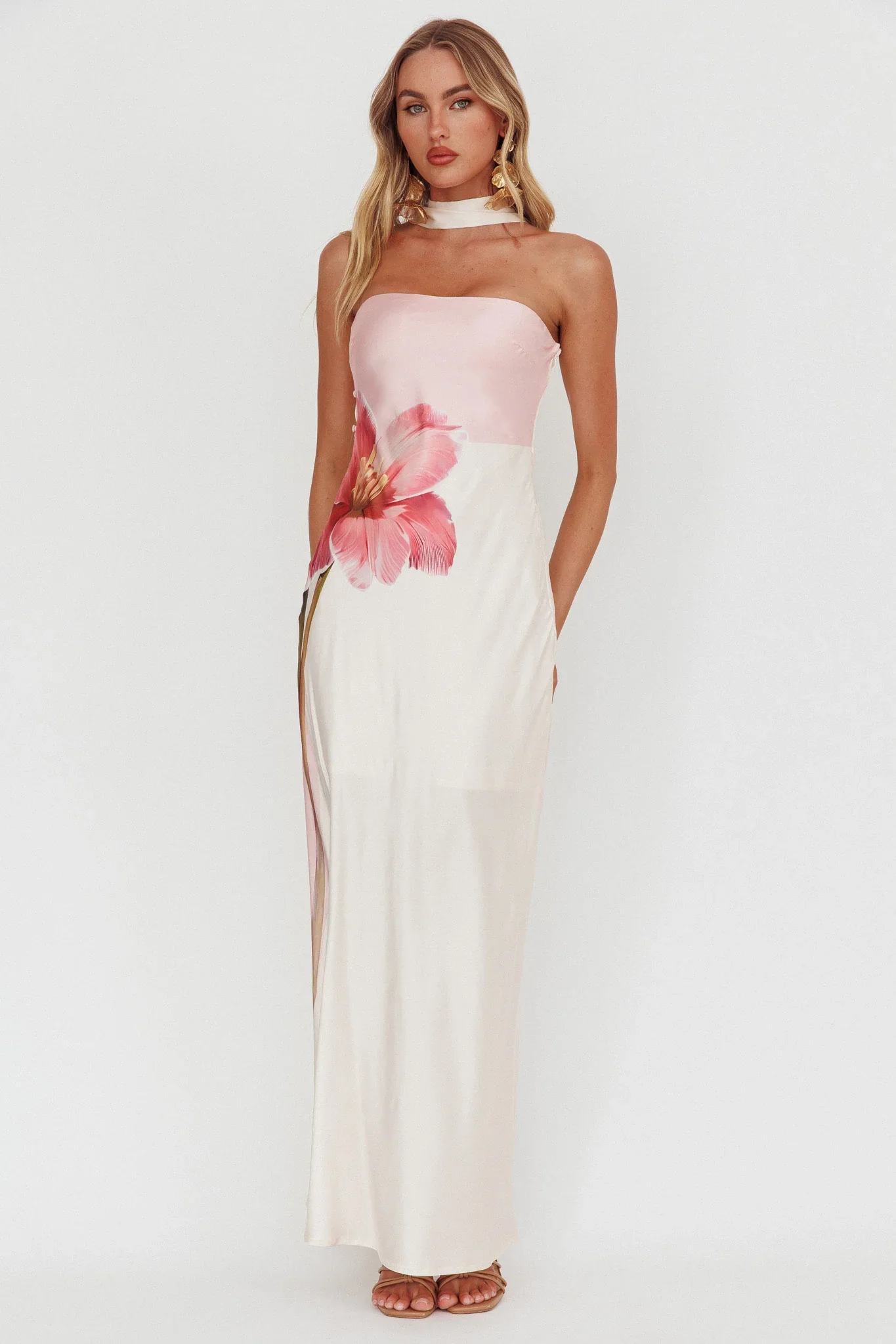 Damsel Reverse Halter Maxi Dress Flower Pink